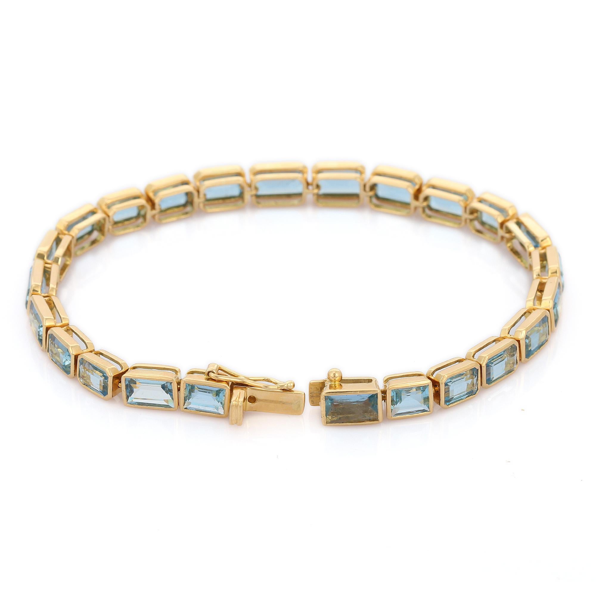 Bracelet tennis en or jaune 18 carats avec aigue-marine de 12,4 carats Pour femmes en vente