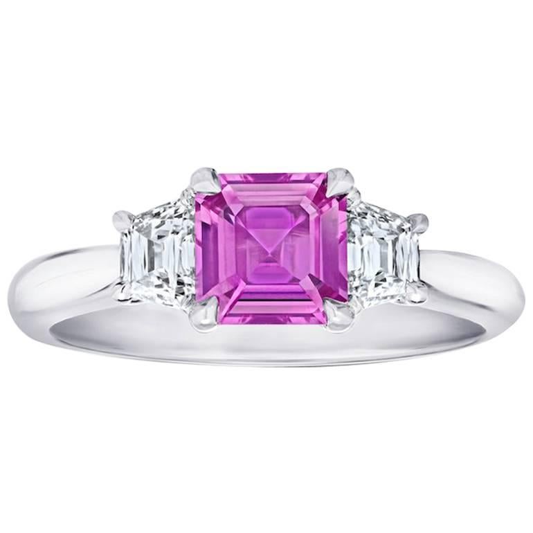 1.24 Carat Asscher Cut Pink Sapphire and Diamond Platinum Ring