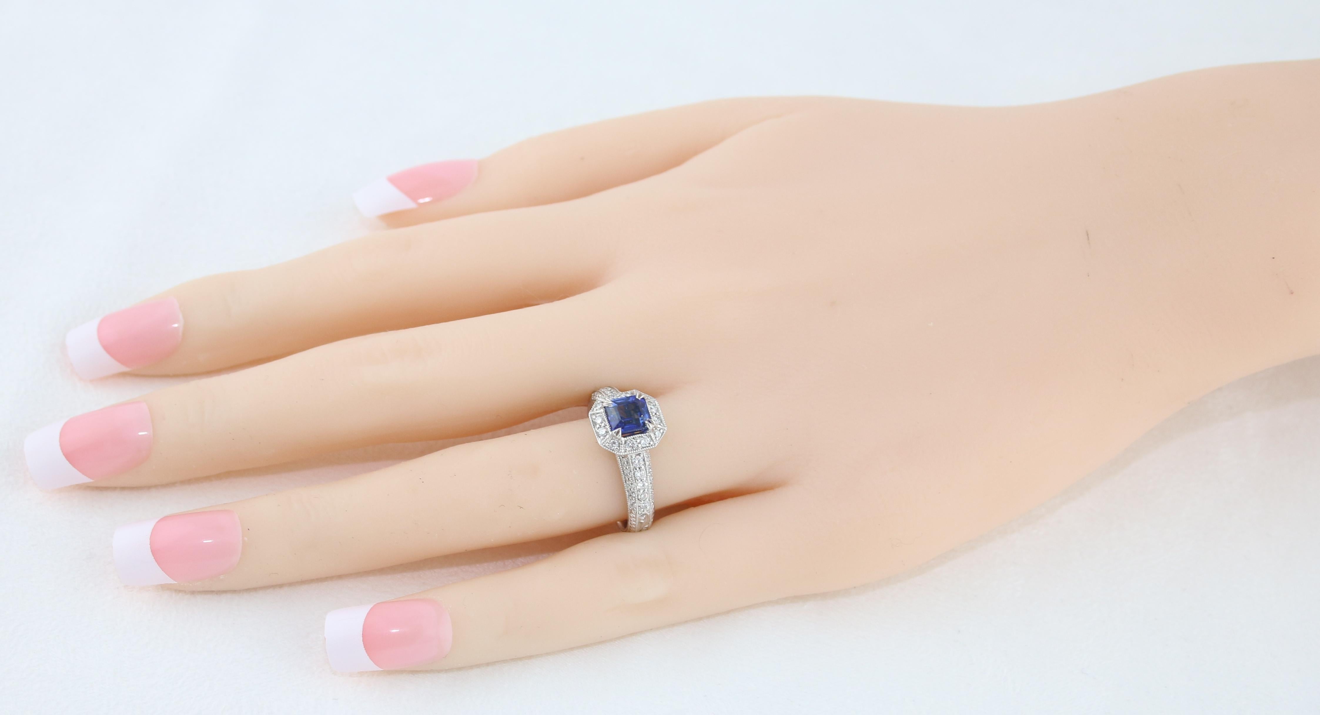 Emerald Cut 1.24 Carat Blue Sapphire Diamond Gold Milgrain Filigree Ring For Sale