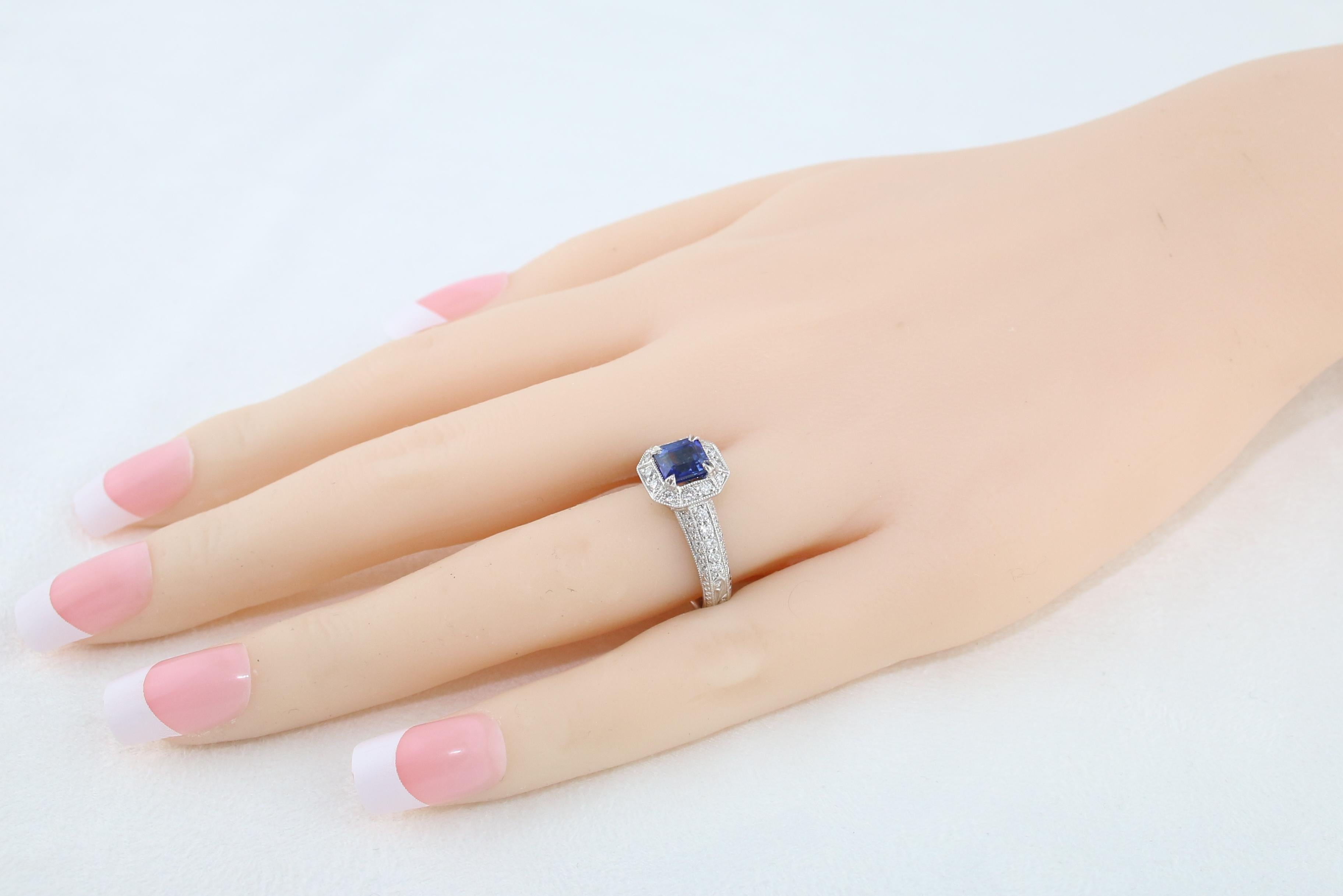 1.24 Carat Blue Sapphire Diamond Gold Milgrain Filigree Ring For Sale 1