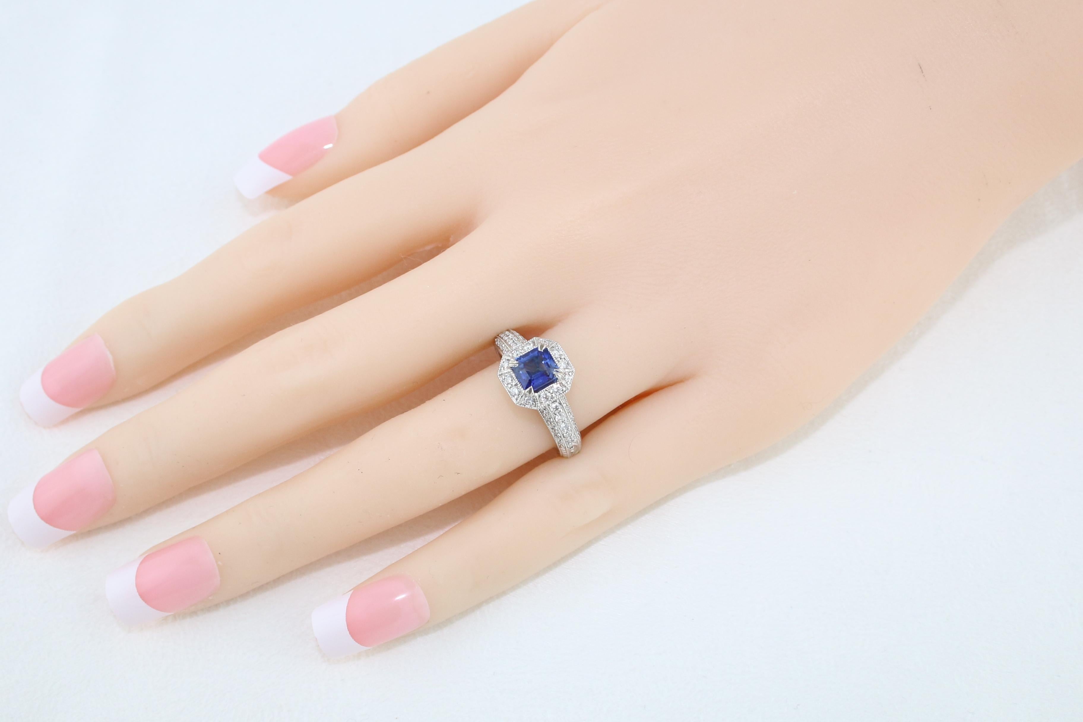 1.24 Carat Blue Sapphire Diamond Gold Milgrain Filigree Ring For Sale 2