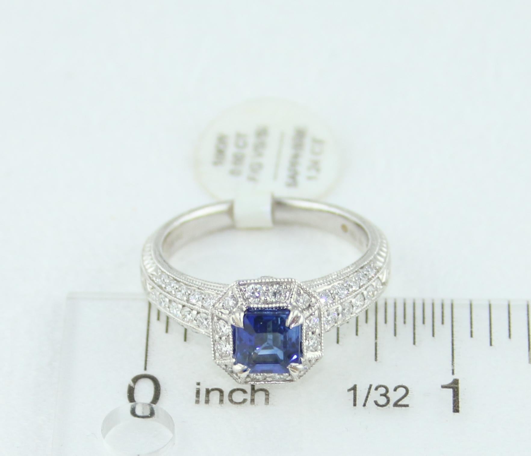 1.24 Carat Blue Sapphire Diamond Gold Milgrain Filigree Ring For Sale 3