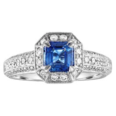 1.24 Carat Blue Sapphire Diamond Gold Milgrain Filigree Ring