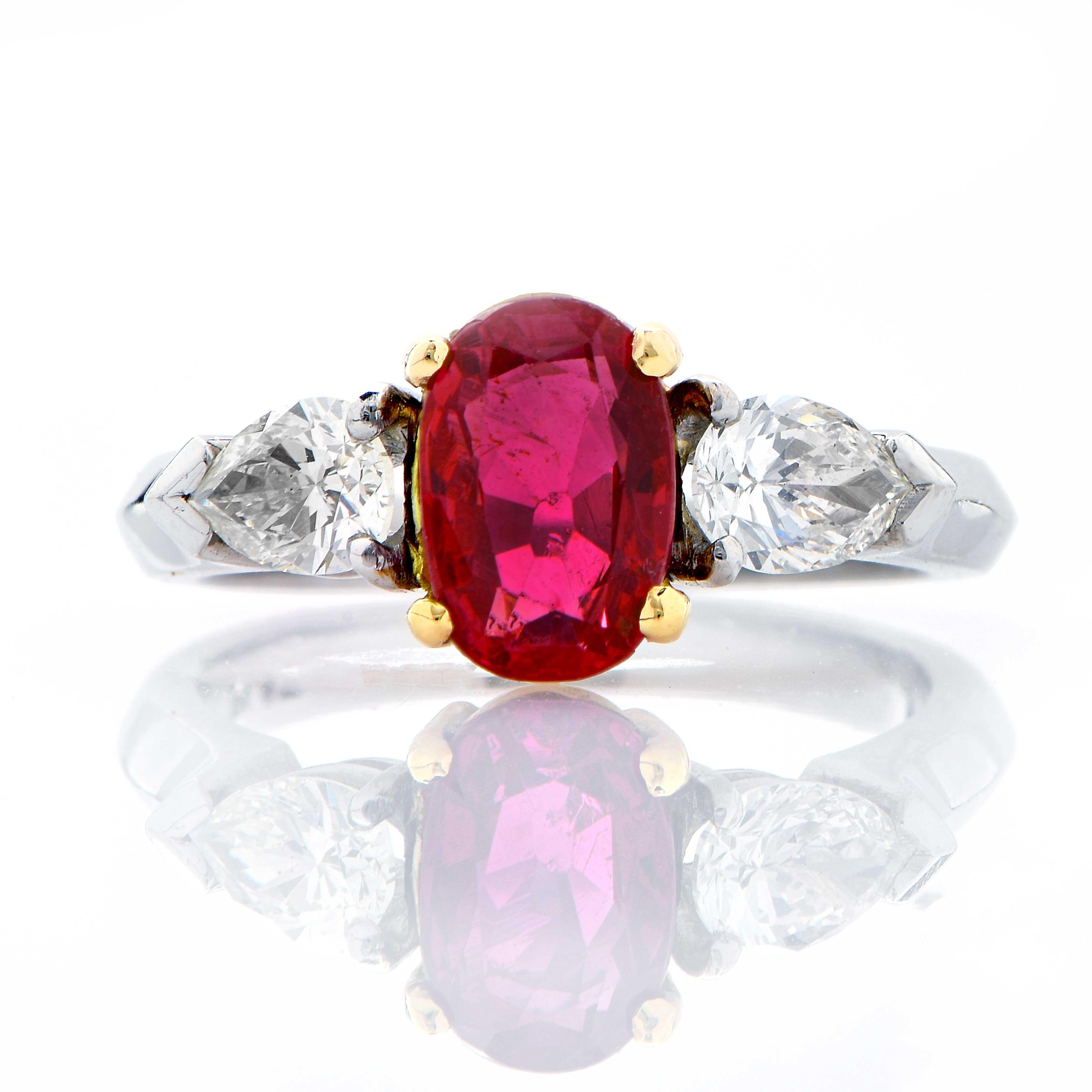 Oval Cut 1.24 Carat Burma Ruby and Diamond Platinum and 18 Karat Yellow Gold Ring For Sale