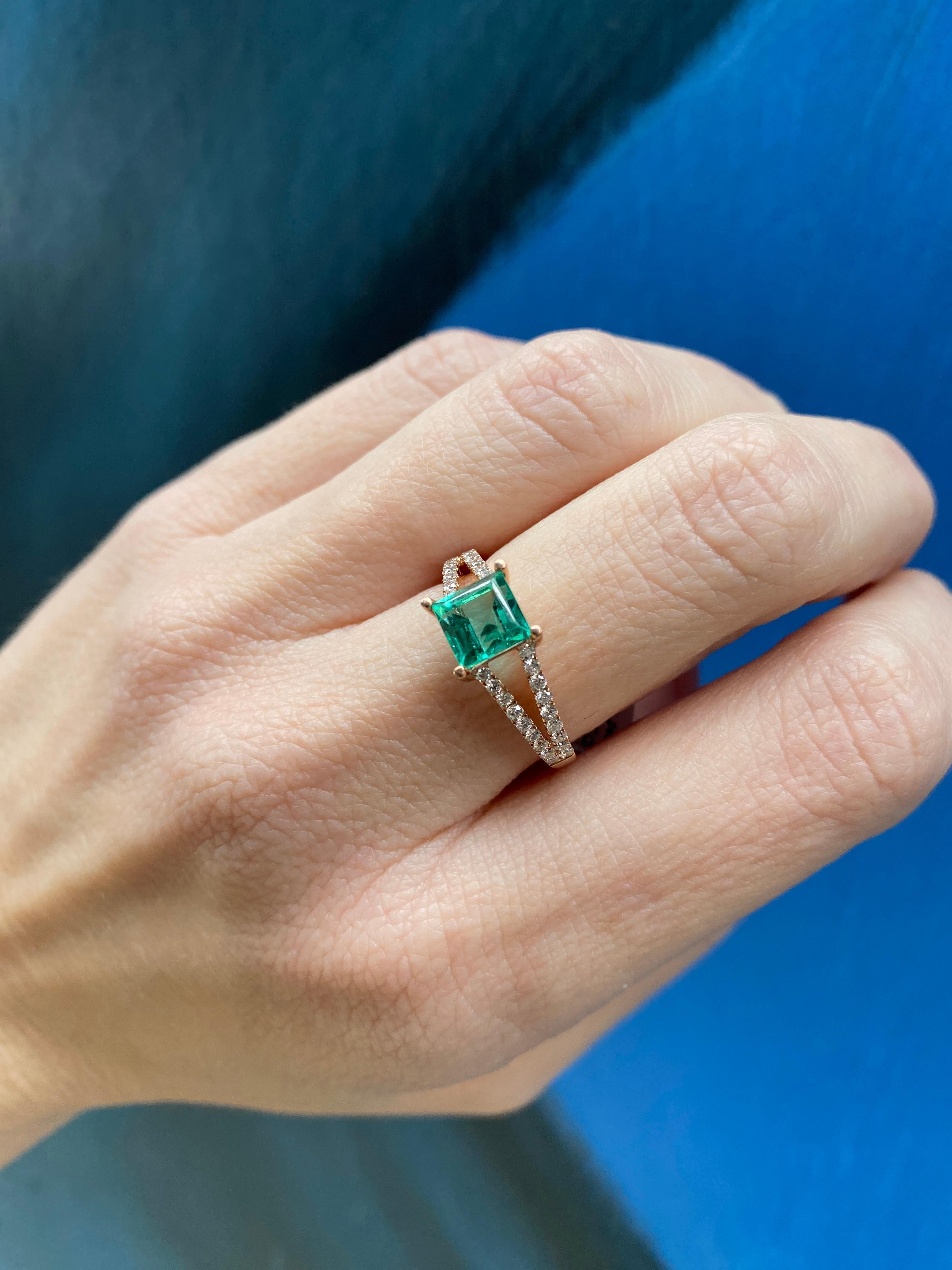 Anillo de Esmeralda Colombiana y Diamante Carré (Baguette Cuadrada) de 1,24 quilates en venta 7