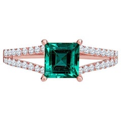 Bague de 1,24 carat Carré (baguette carrée) émeraude colombienne et diamant