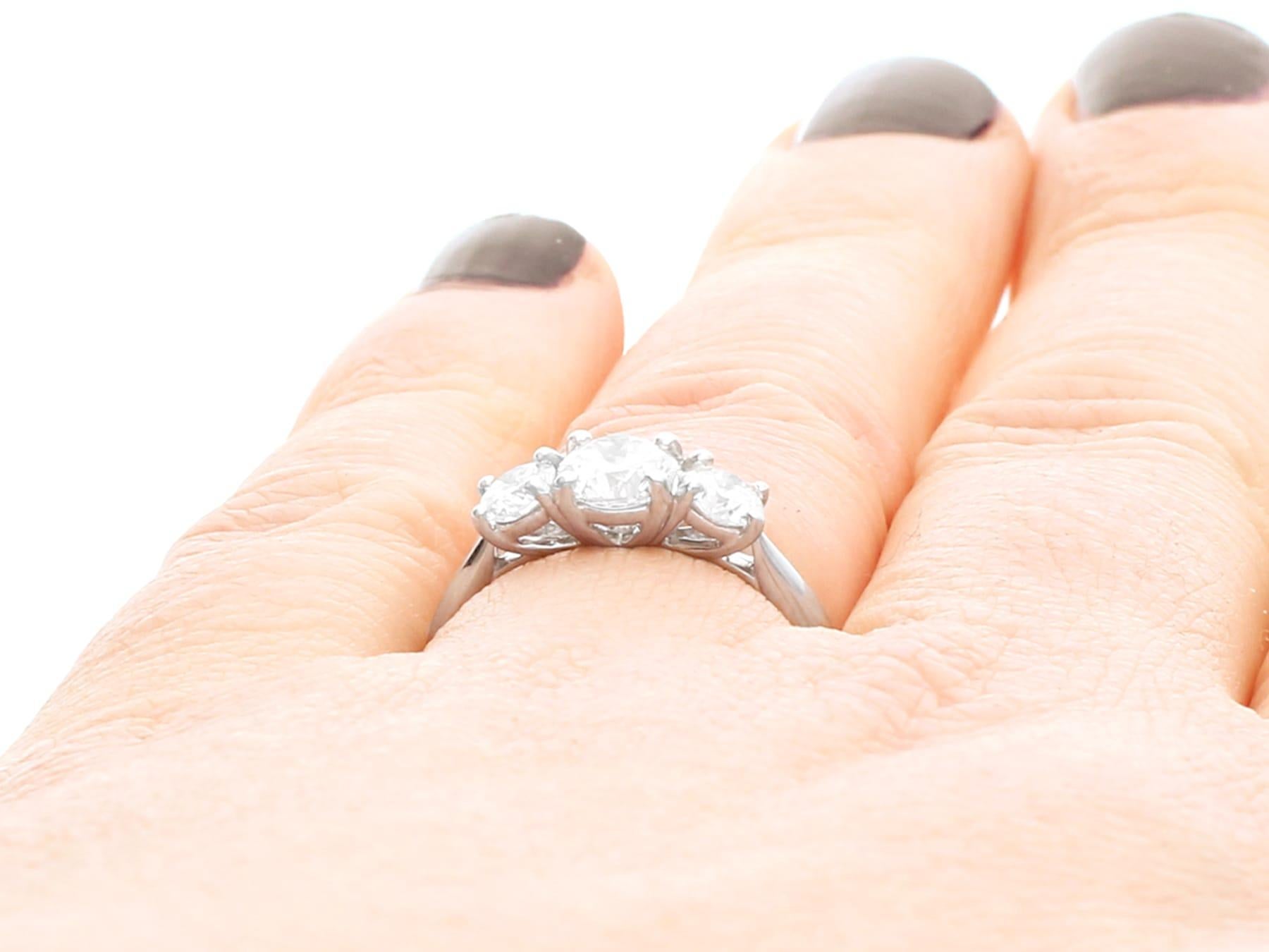 1.24 Carat Diamond and Platinum Three-Stone Engagement Ring For Sale 2