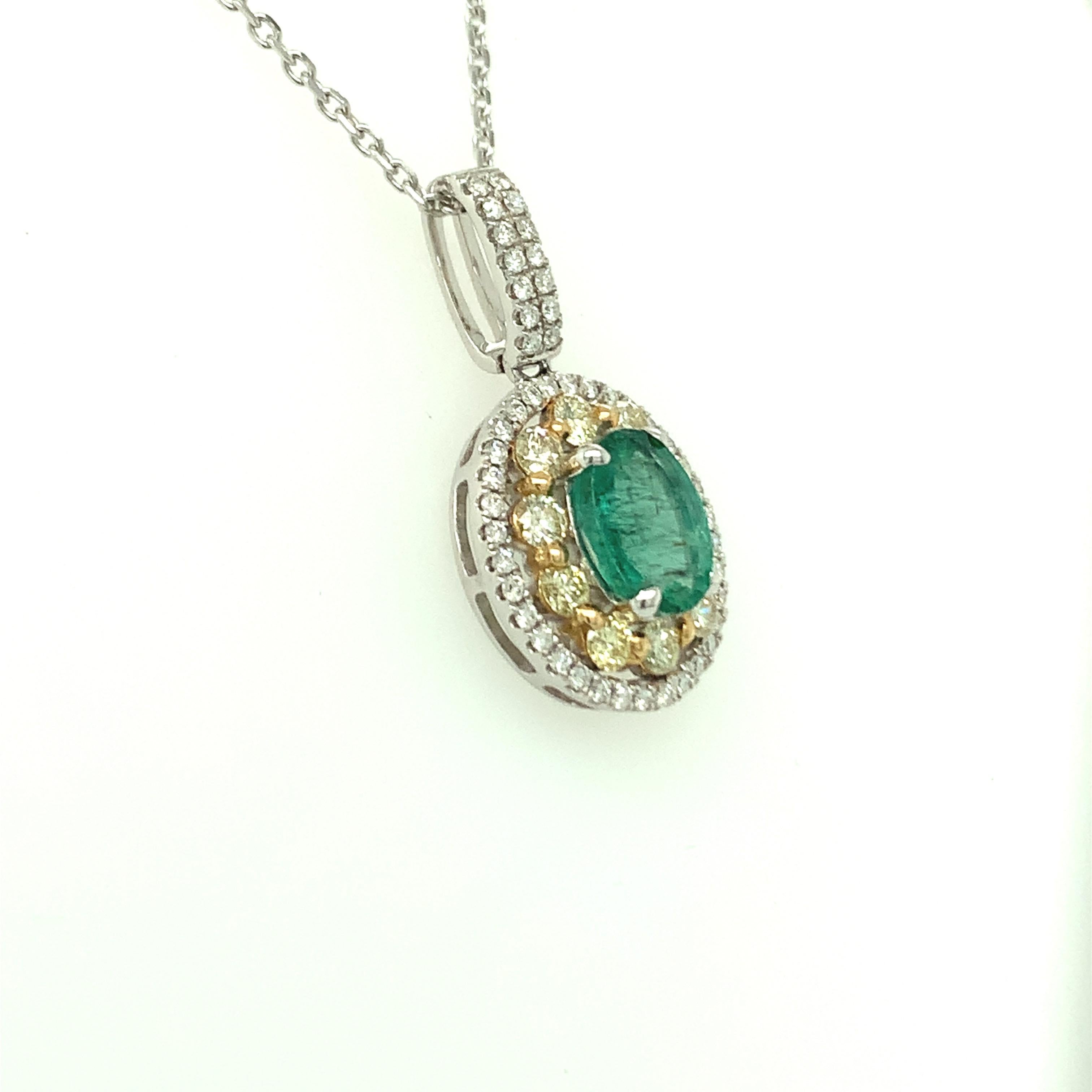 Artisan 1.24 Carat Emerald Pendant with Yellow and White Diamond Set in Two Tone Gold  For Sale