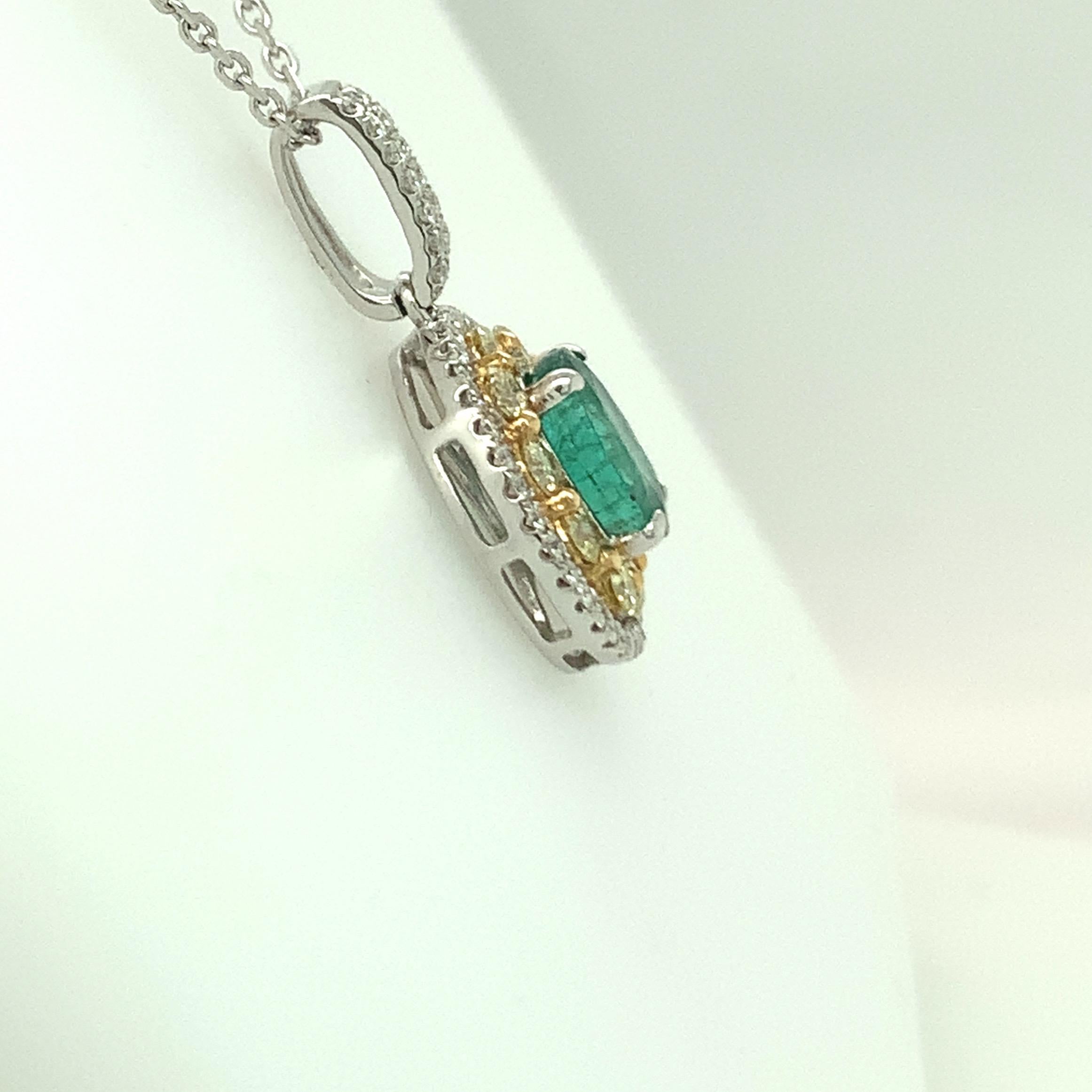 Women's 1.24 Carat Emerald Pendant with Yellow and White Diamond Set in Two Tone Gold  For Sale
