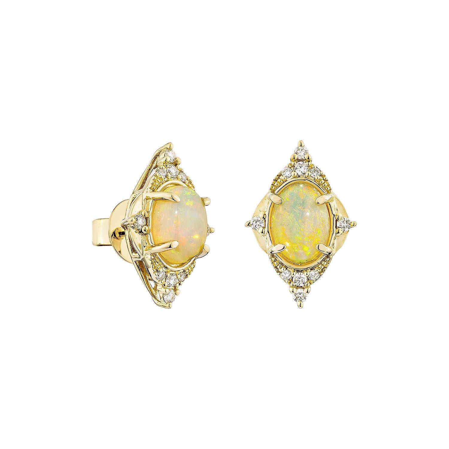 Sunita Nahata presents a stunning Ethiopian opal cabochon earring, adorned with white diamonds. This gemstone, renowned for its historical significance, is believed to bring good luck, protection, and divine hope. Its metaphysical benefits include