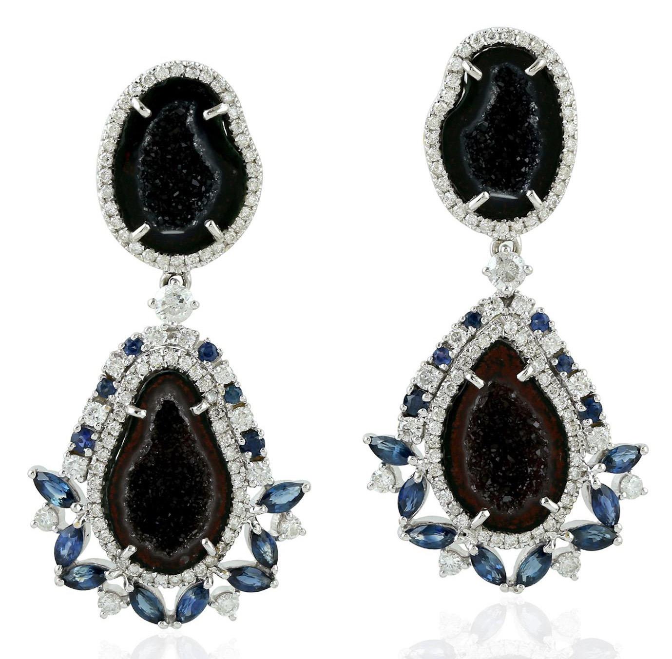 Pendientes Geoda Zafiro Azul Diamante Oro 18 Kilates Contemporáneo en venta
