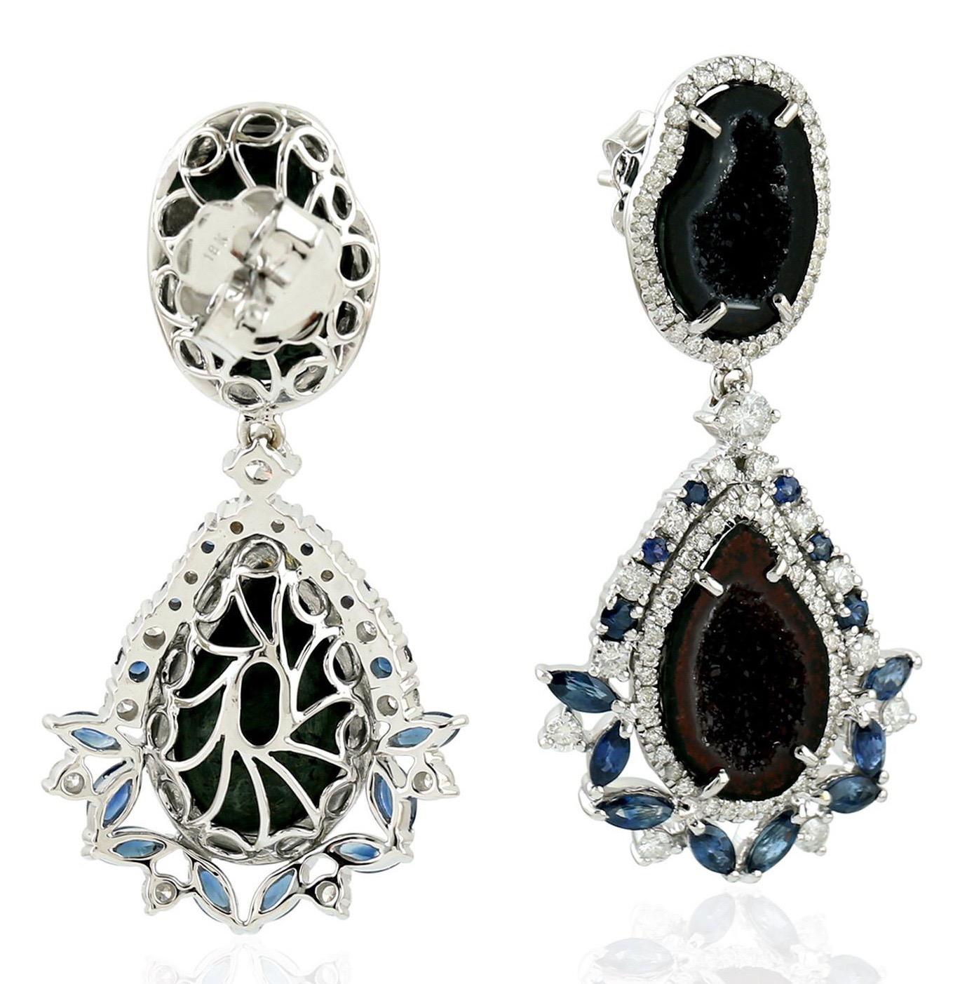 Pendientes Geoda Zafiro Azul Diamante Oro 18 Kilates Corte mixto en venta
