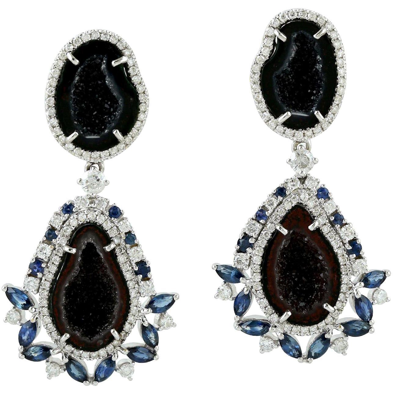 Geode Blue Sapphire Diamond 18 Karat Gold Earrings