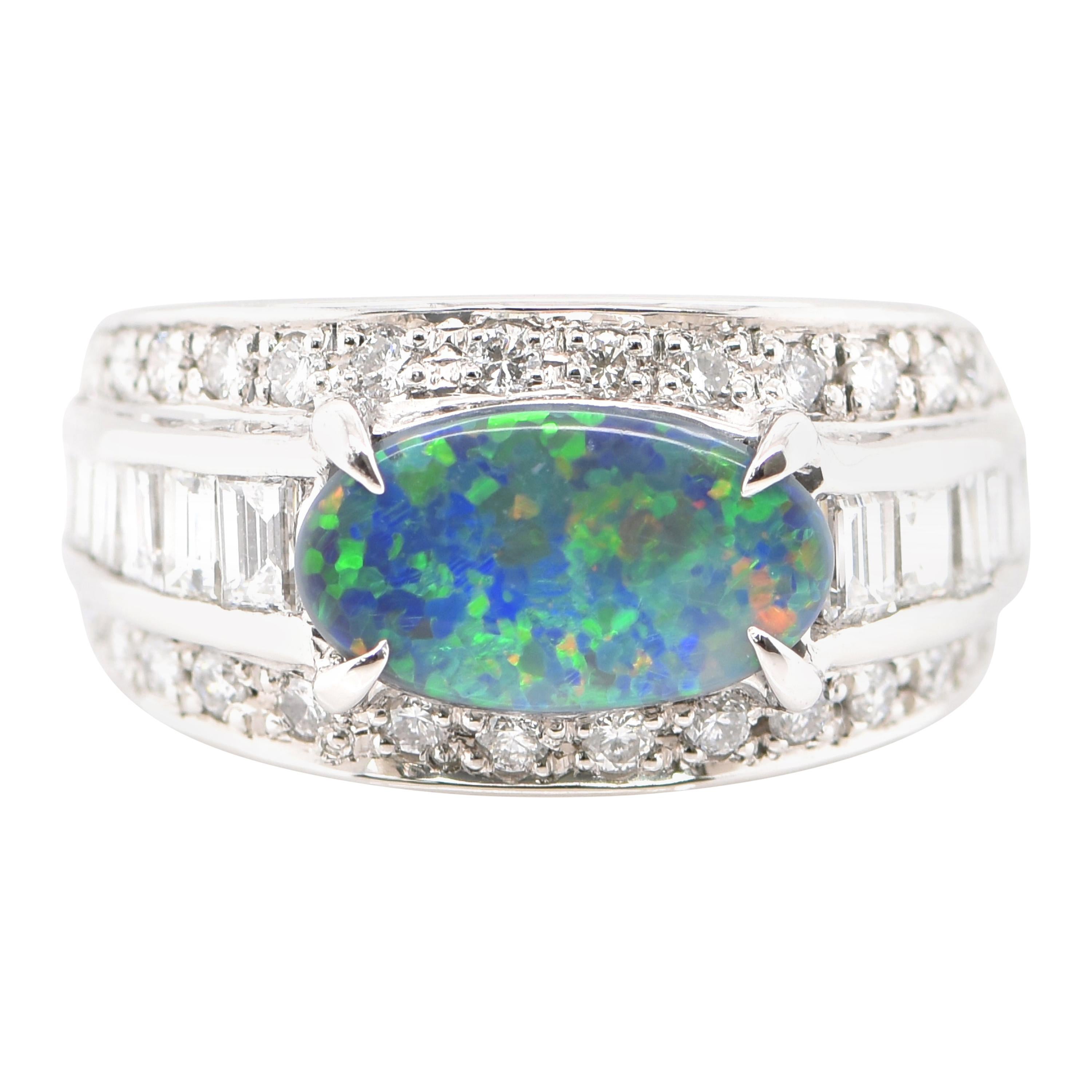 1.24 Carat Natural Black Opal and Diamond Cocktail Ring Set in Platinum