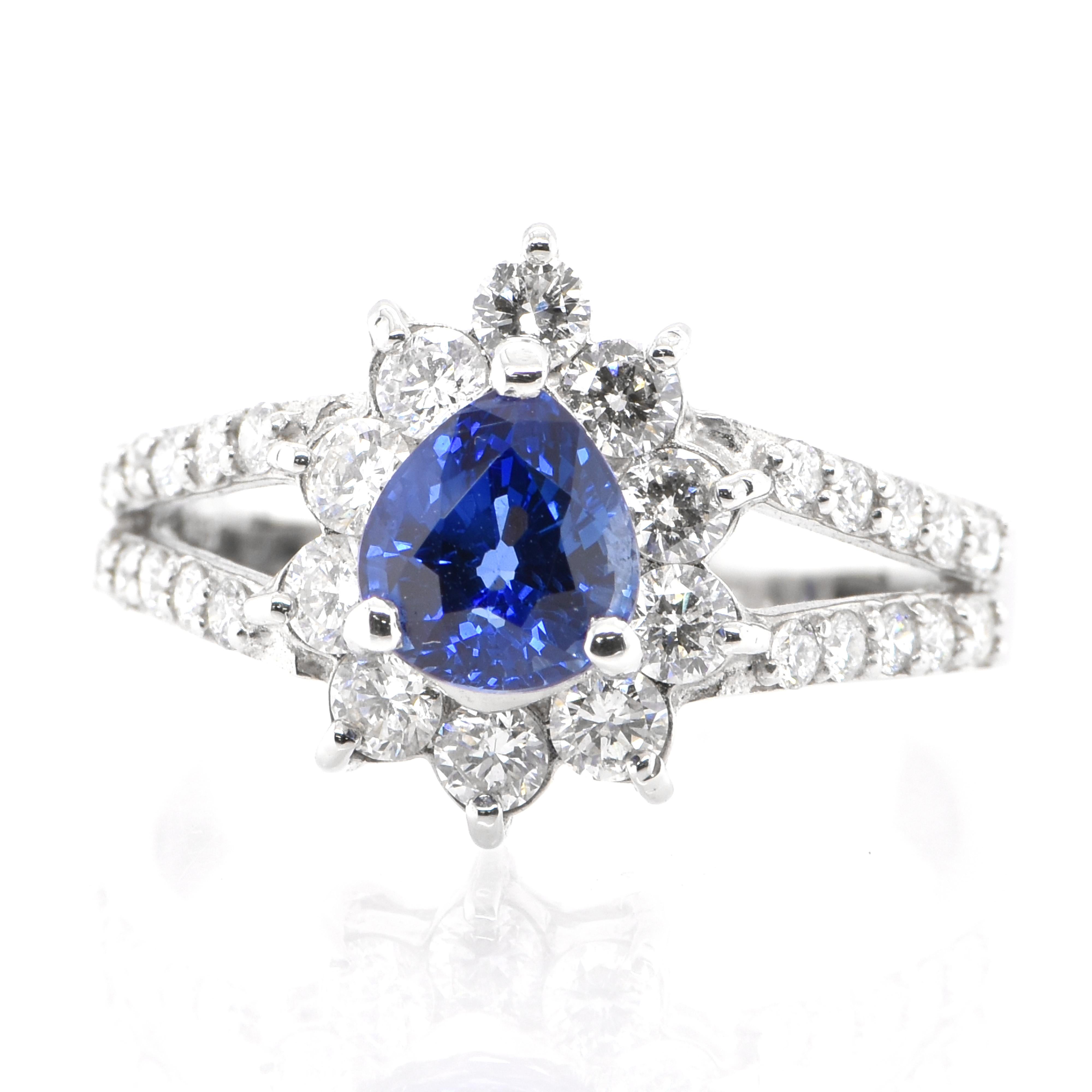 A beautiful ring featuring 1.24 Carat, Natural Sapphire and 0.73 Carats Diamond Accents set in Platinum. Sapphires have extraordinary durability - they excel in hardness as well as toughness and durability making them very popular in jewelry.