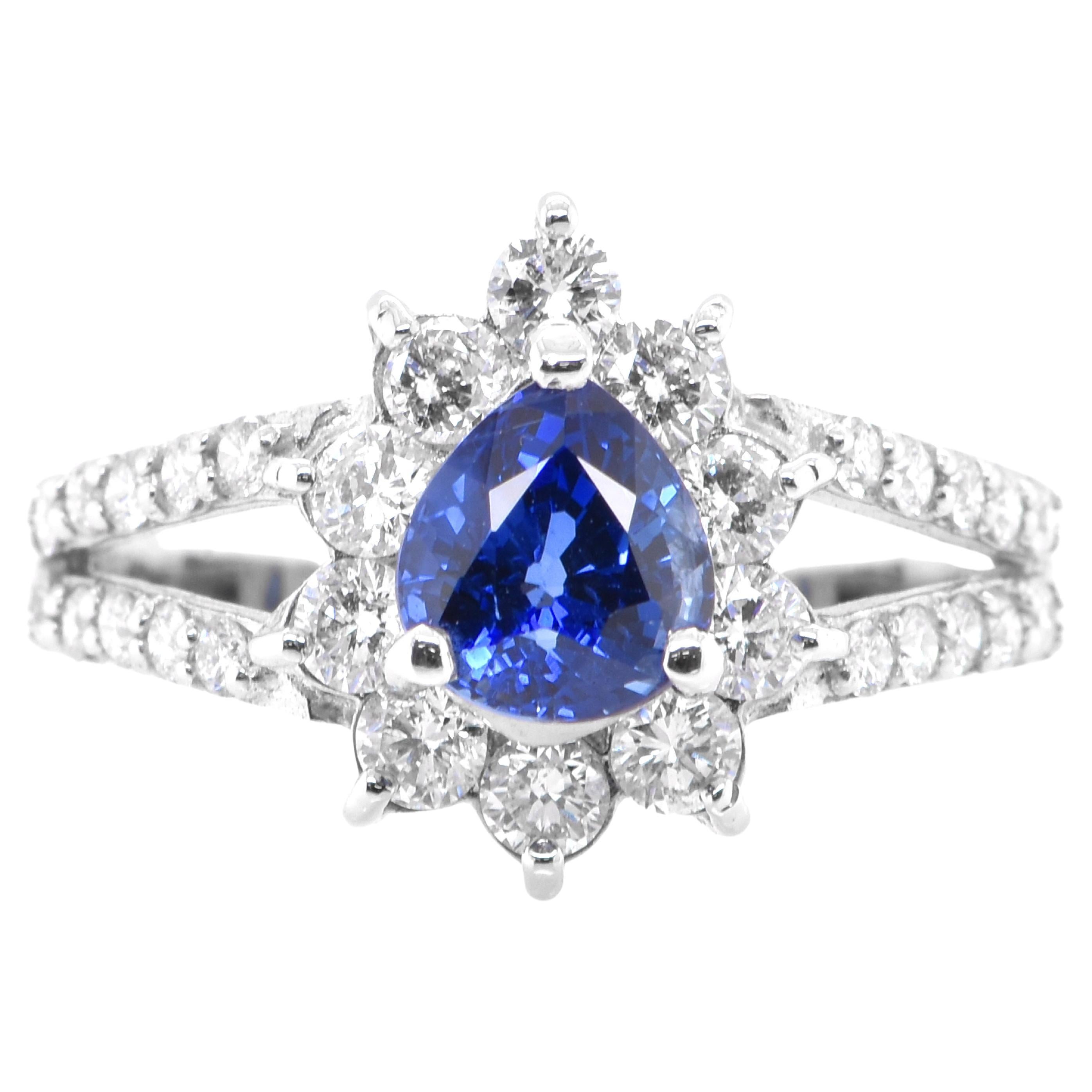 1.24 Carat Natural Blue Sapphire and Diamond Ring Set in Platinum For Sale