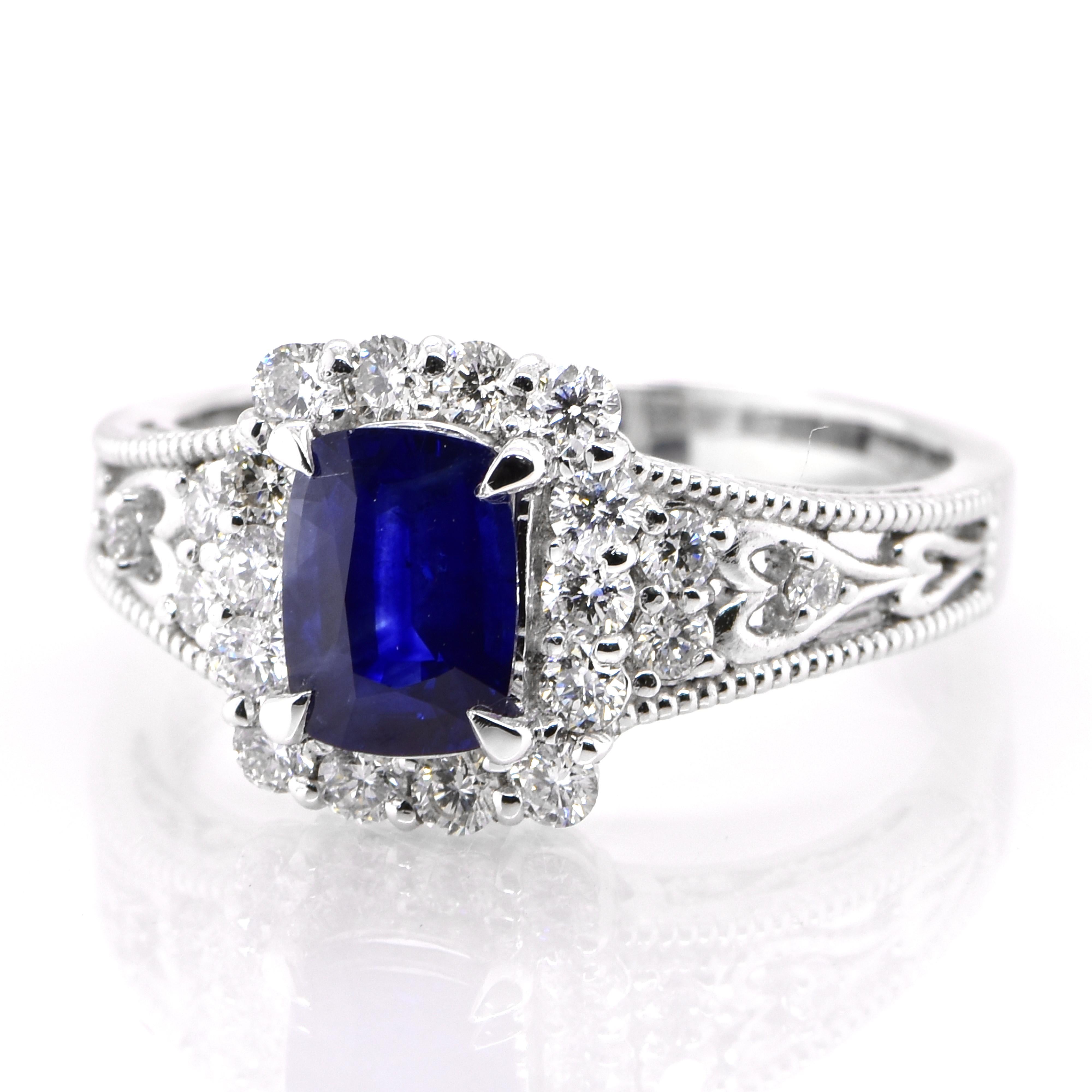 A beautiful ring featuring 1.24 Carat Natural Blue Sapphire and 0.52 Carats Diamond Accents set in Platinum. Sapphires have extraordinary durability - they excel in hardness as well as toughness and durability making them very popular in jewelry.