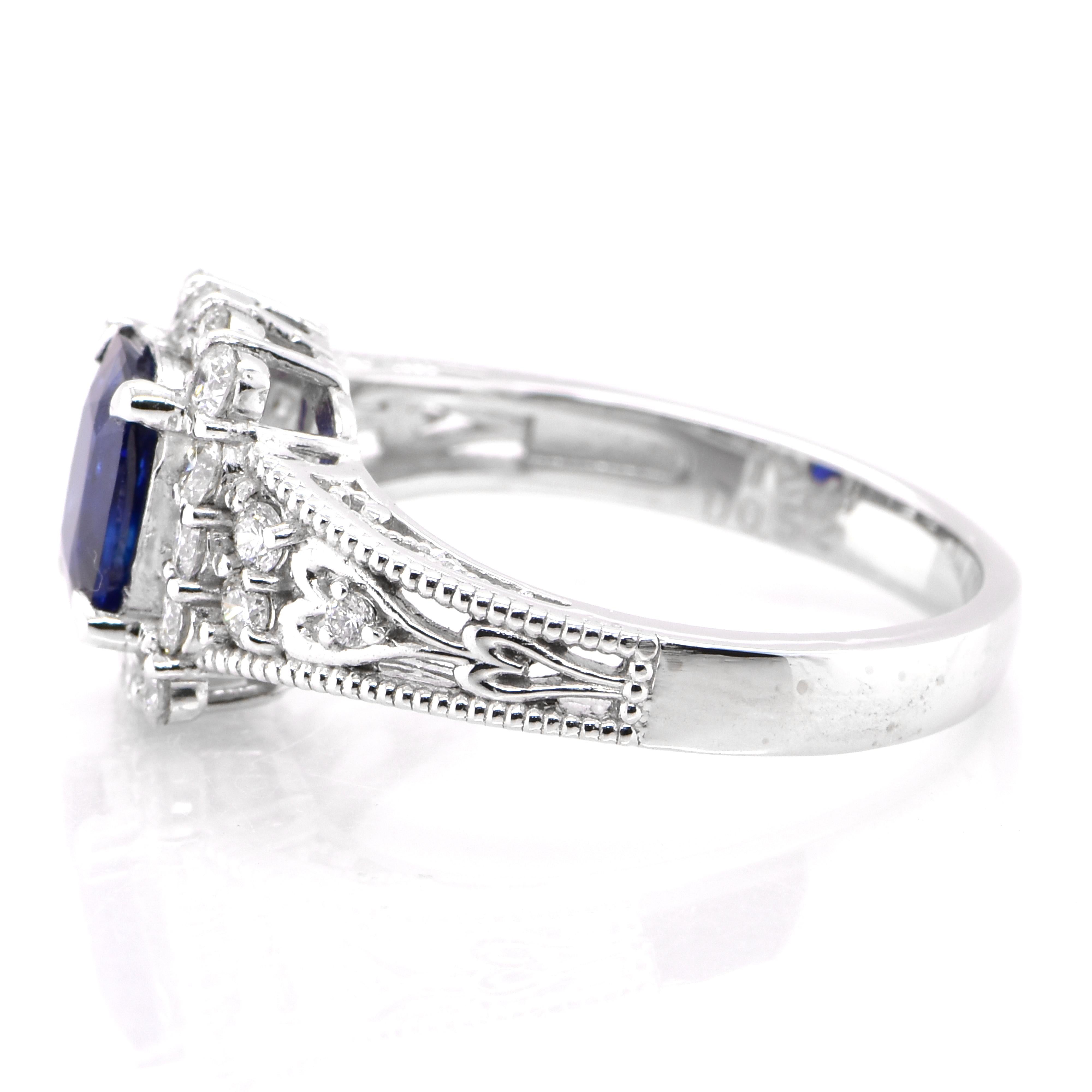 Cushion Cut 1.24 Carat Natural Royal Blue Sapphire & Diamond Ring set in Platinum For Sale