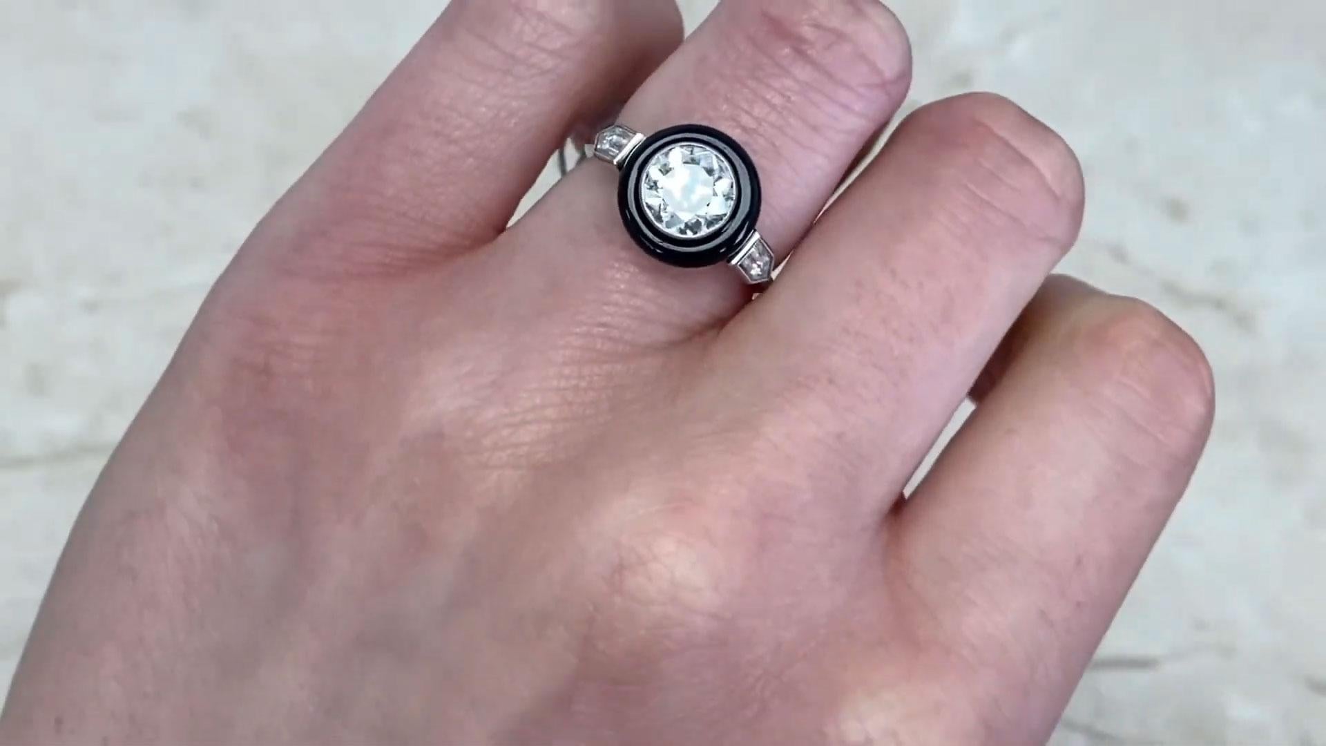 Art Deco Old European Cut Diamond Ring (Approx. 1.20-Carats), Onyx Halo, Platinum For Sale