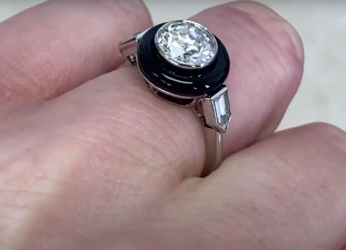 Women's 1.24 Carat Old Euro-Cut Diamond Ring, Onyx Halo, Platinum For Sale