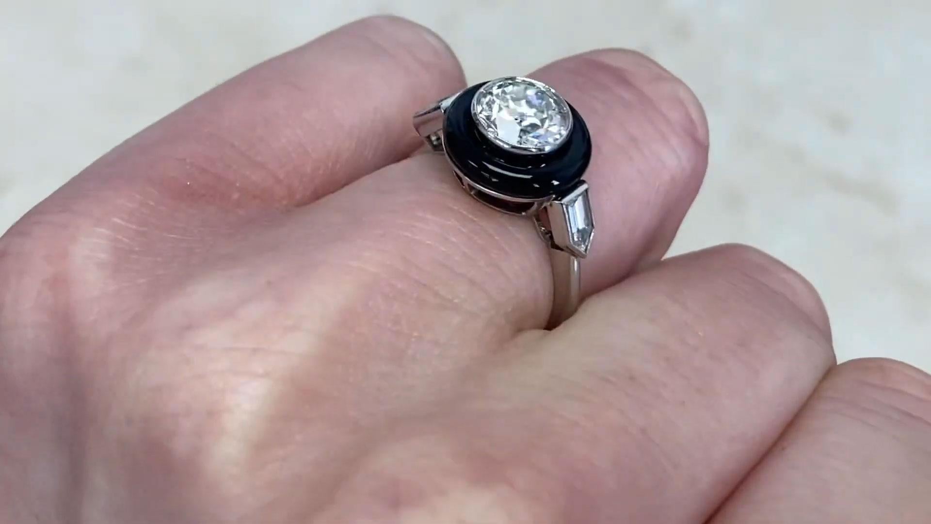 Old European Cut Diamond Ring (Approx. 1.20-Carats), Onyx Halo, Platinum In Excellent Condition For Sale In New York, NY