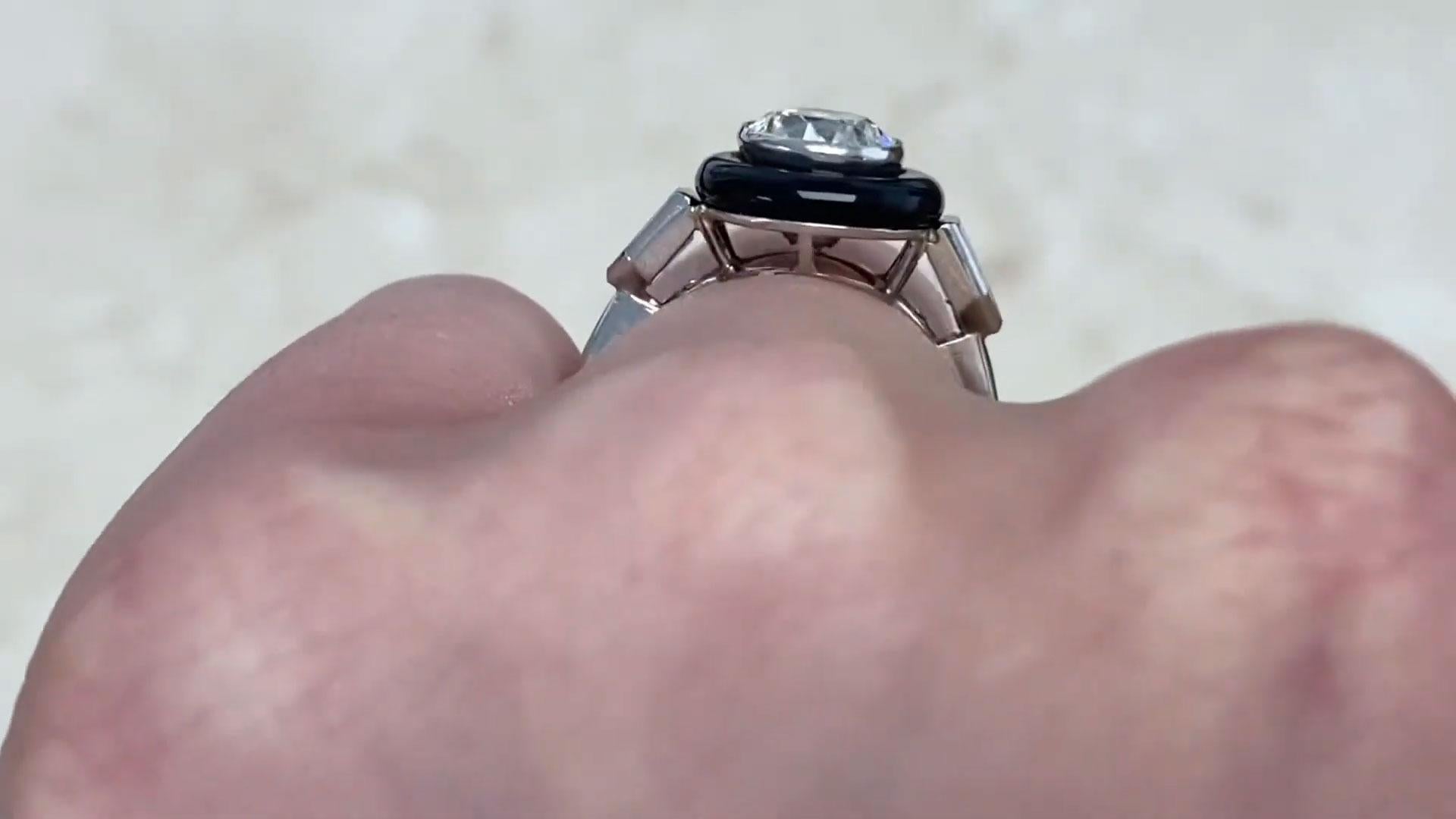 Women's Old European Cut Diamond Ring (Approx. 1.20-Carats), Onyx Halo, Platinum For Sale