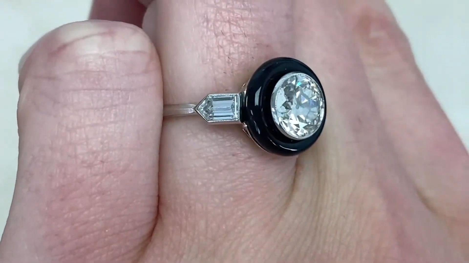 Old European Cut Diamond Ring (Approx. 1.20-Carats), Onyx Halo, Platinum For Sale 1