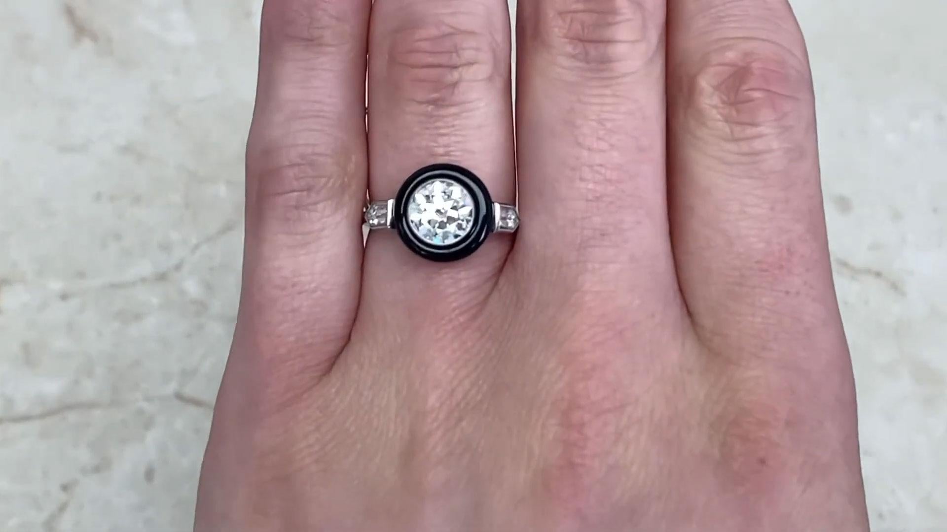 Old European Cut Diamond Ring (Approx. 1.20-Carats), Onyx Halo, Platinum For Sale 2