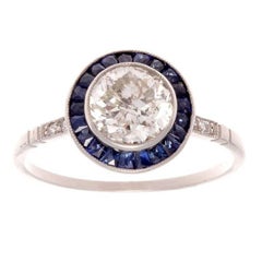 1.24 Carat Old Mine Cut Sapphire Halo Platinum Diamond Ring
