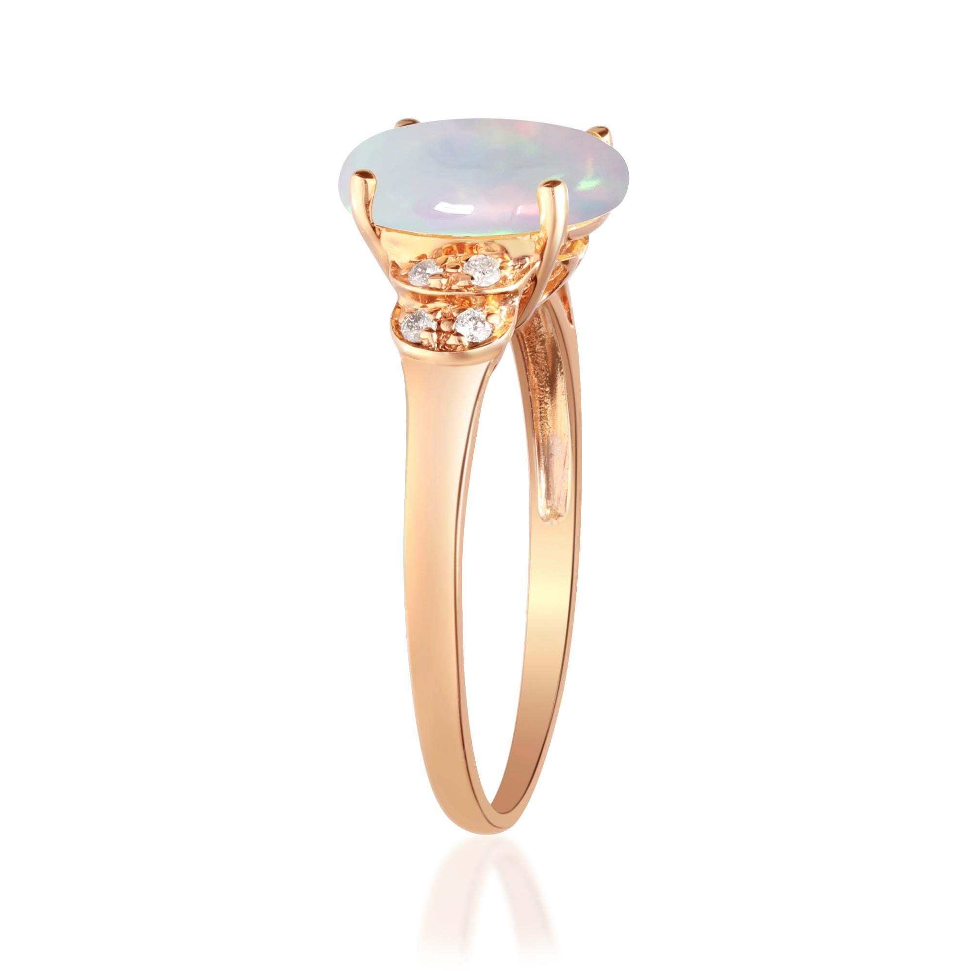 Art Deco 1.24 Carat Opal Oval Cab and Diamond 10K Rose Gold Classic Ring For Sale
