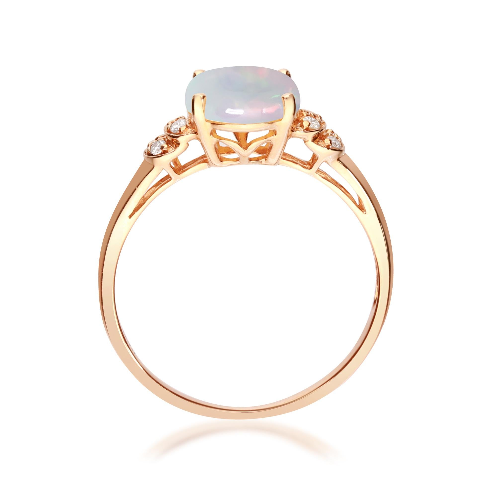 Oval Cut 1.24 Carat Opal Oval Cab and Diamond 10K Rose Gold Classic Ring For Sale