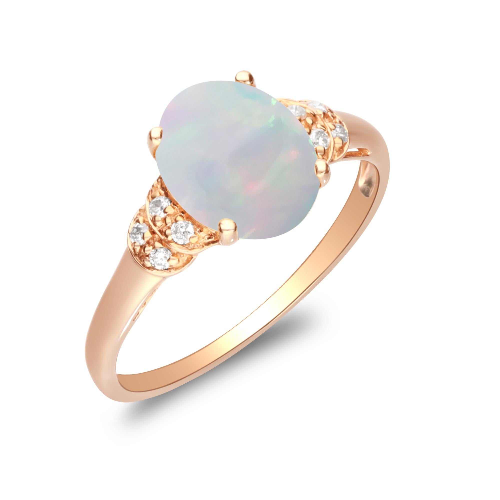 1.24 Carat Opal Oval Cab and Diamond 10K Rose Gold Classic Ring In New Condition For Sale In New York, NY