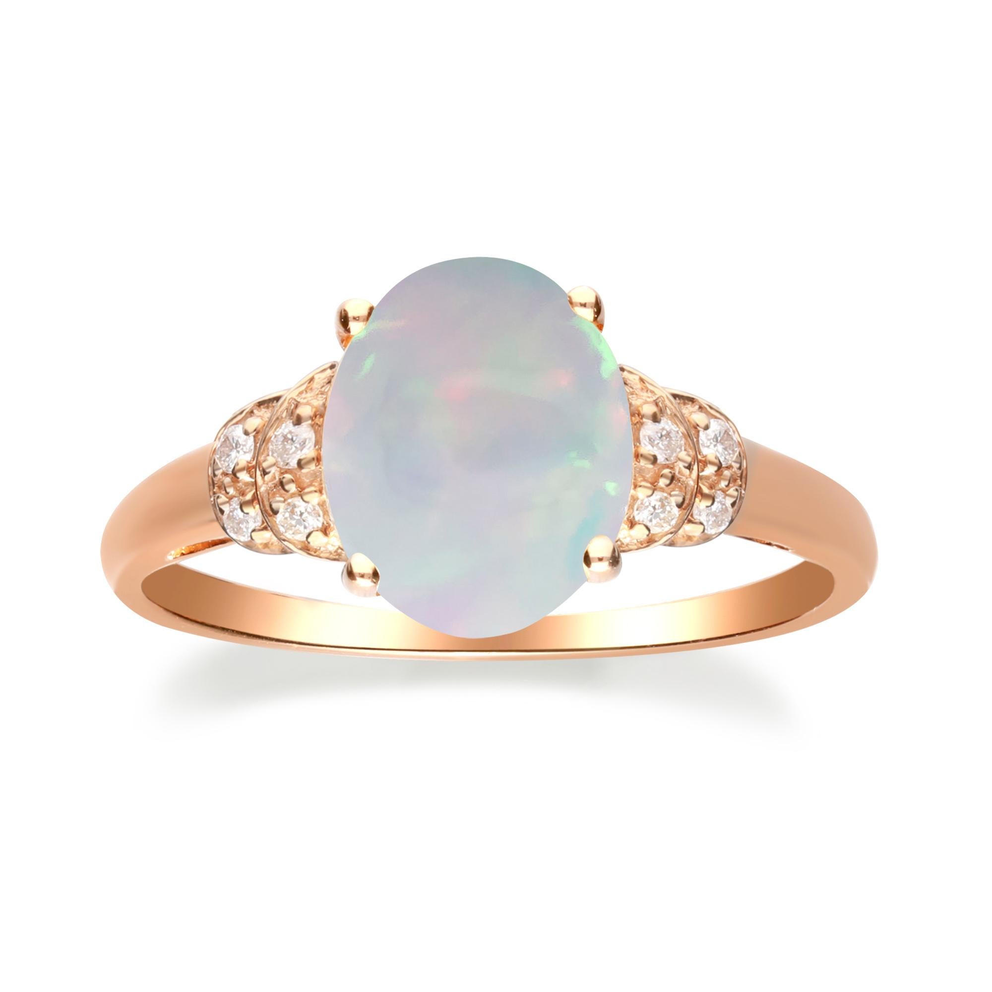 Women's 1.24 Carat Opal Oval Cab and Diamond 10K Rose Gold Classic Ring For Sale