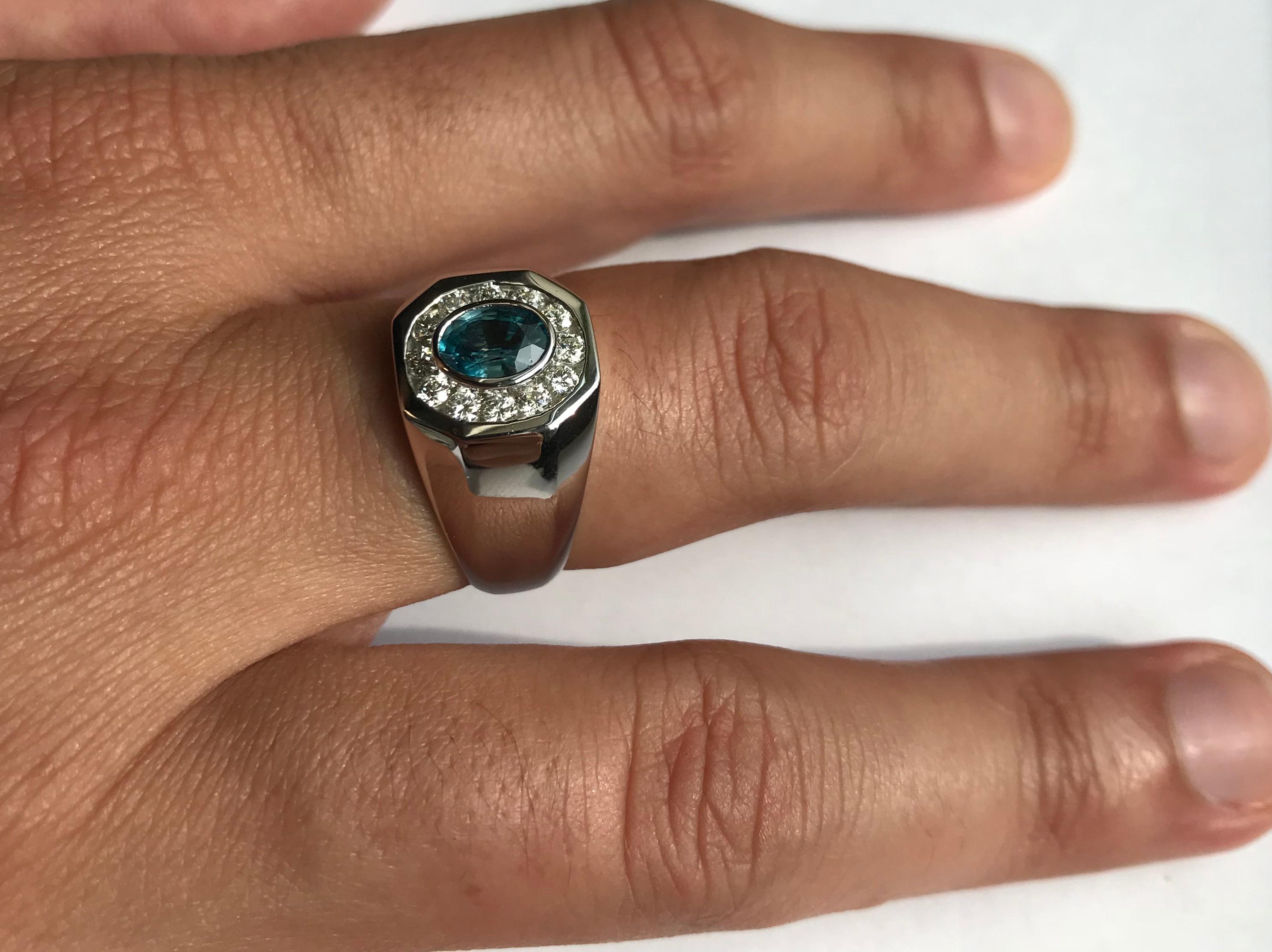 Contemporary 1.24 Carat Oval Blue Zircon and Diamond Men’s Ring