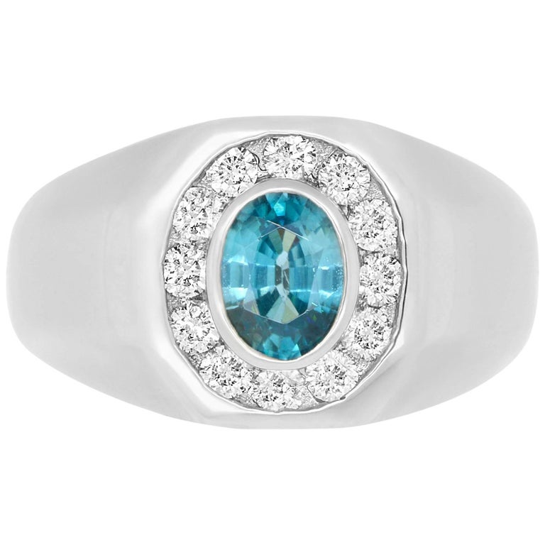 1.24 Carat Oval Blue Zircon and Diamond Men’s Ring For Sale at 1stdibs