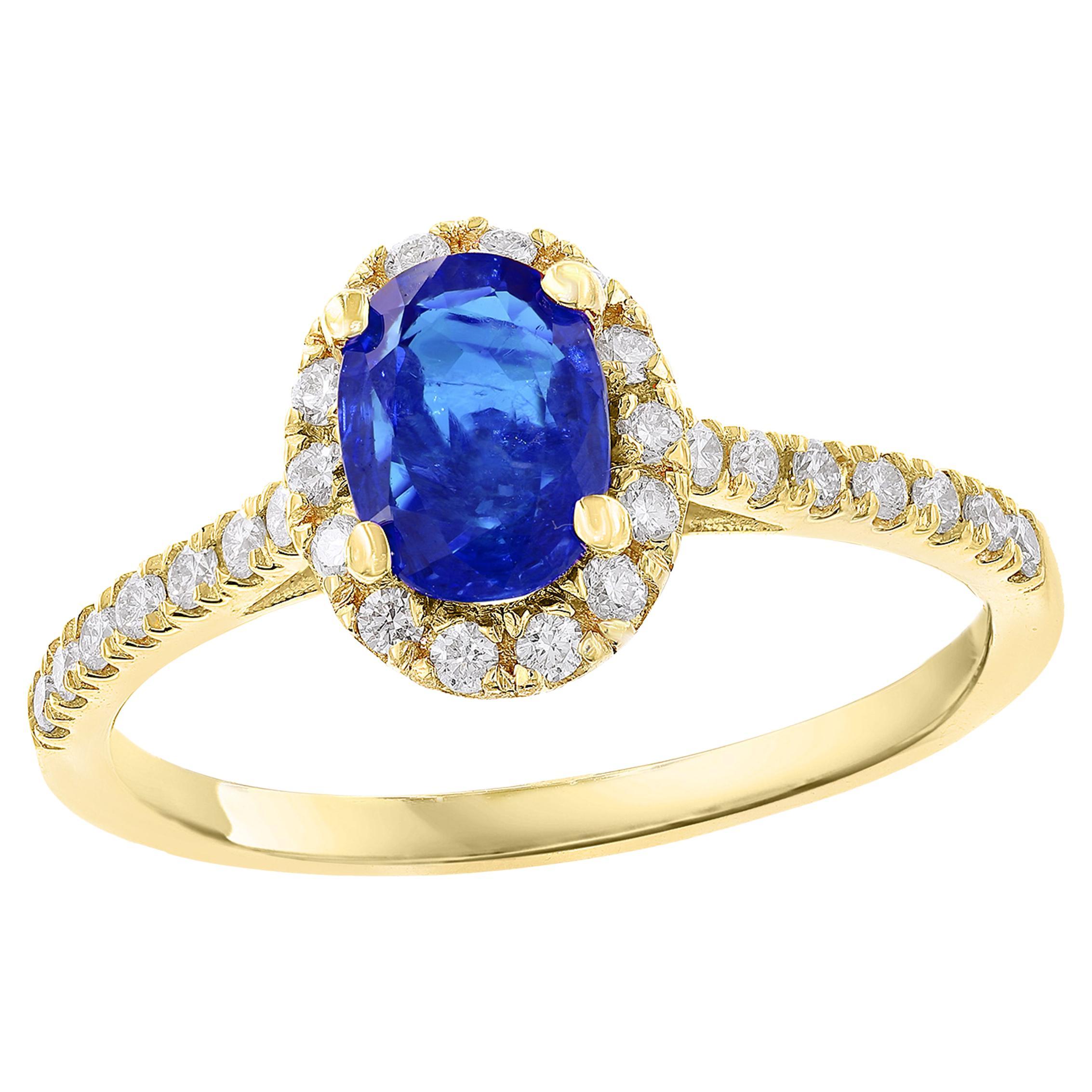1.24 Carat Oval Sapphire and Diamond Halo Engagement Ring in 18K Yellow Gold For Sale