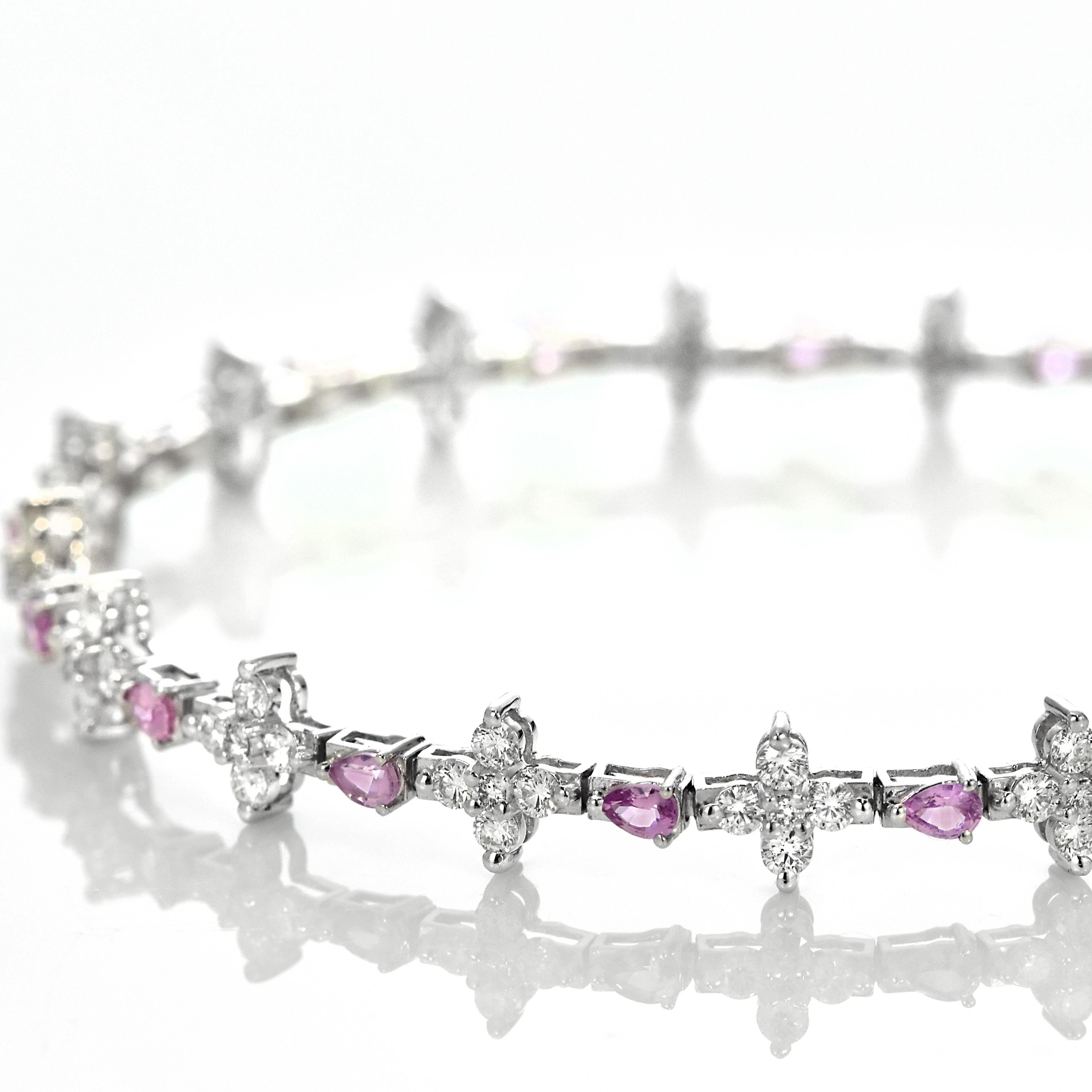 A beautiful bracelet featuring 1.24 Carats of Natural Padparadscha Sapphires and 1.81 Carats of Diamond Accents set in Platinum. Sapphires have extraordinary durability - they excel in hardness as well as toughness and durability making them very