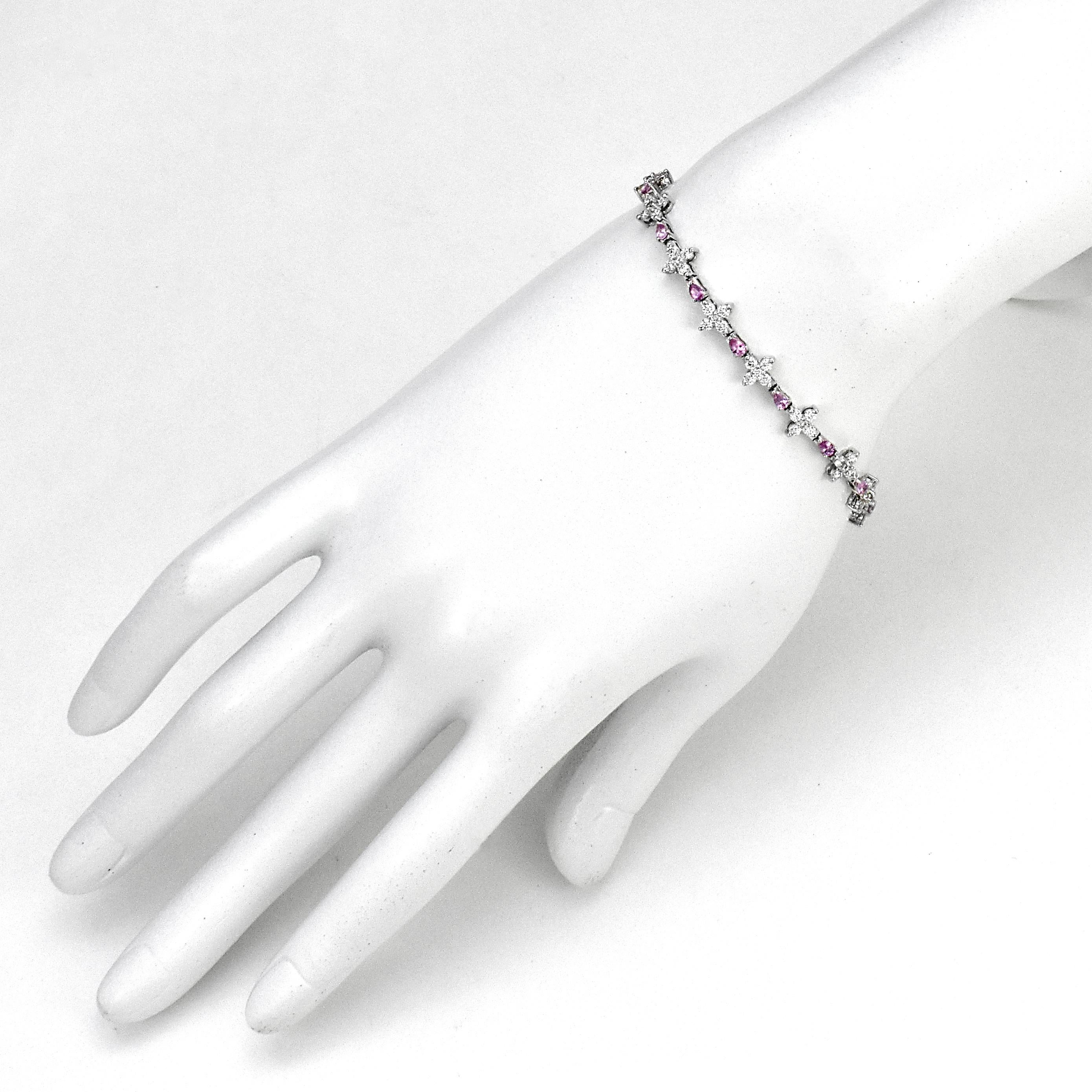 Pear Cut 1.24 Carat Padparadscha Sapphire and Diamond Tennis Bracelet Made in Platinum