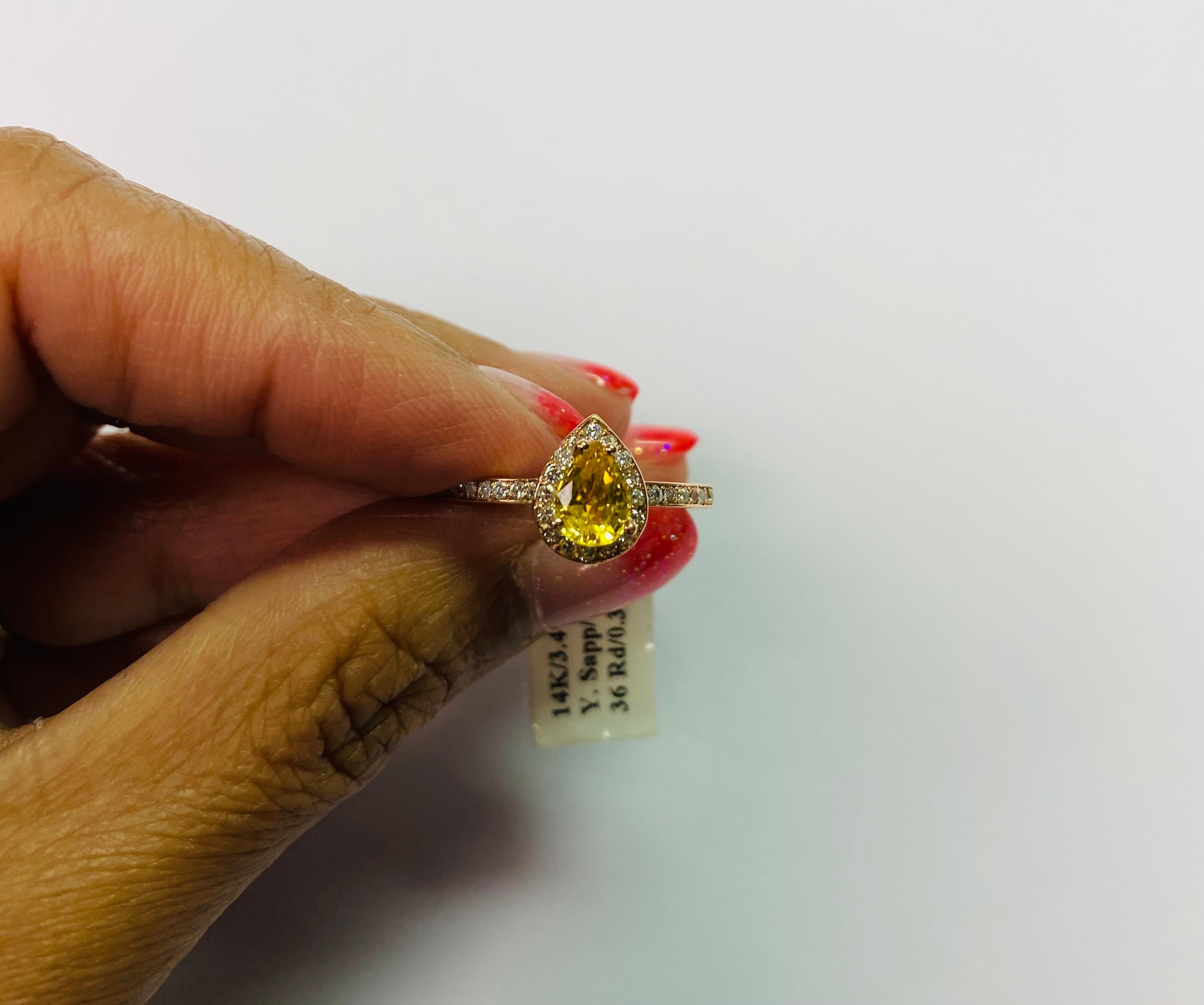 Women's 1.24 Carat Pear Cut Yellow Sapphire Diamond 14 Karat Rose Gold Engagement Ring
