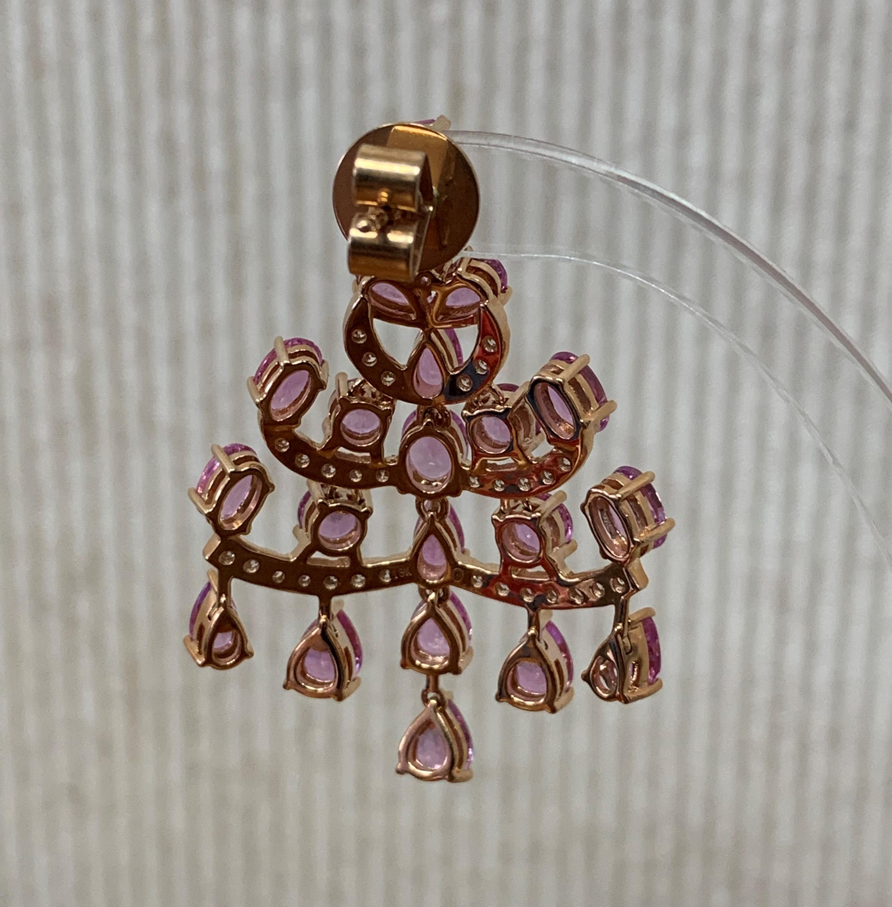 Mixed Cut 12.4 Carat Pink Sapphire & Diamond Earring in 18 Karat Rose Gold  For Sale