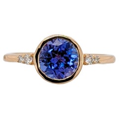 1.24 Carat Tanzanite Ring w Earth Mined Diamond Accents in 14K Gold  RD 7mm