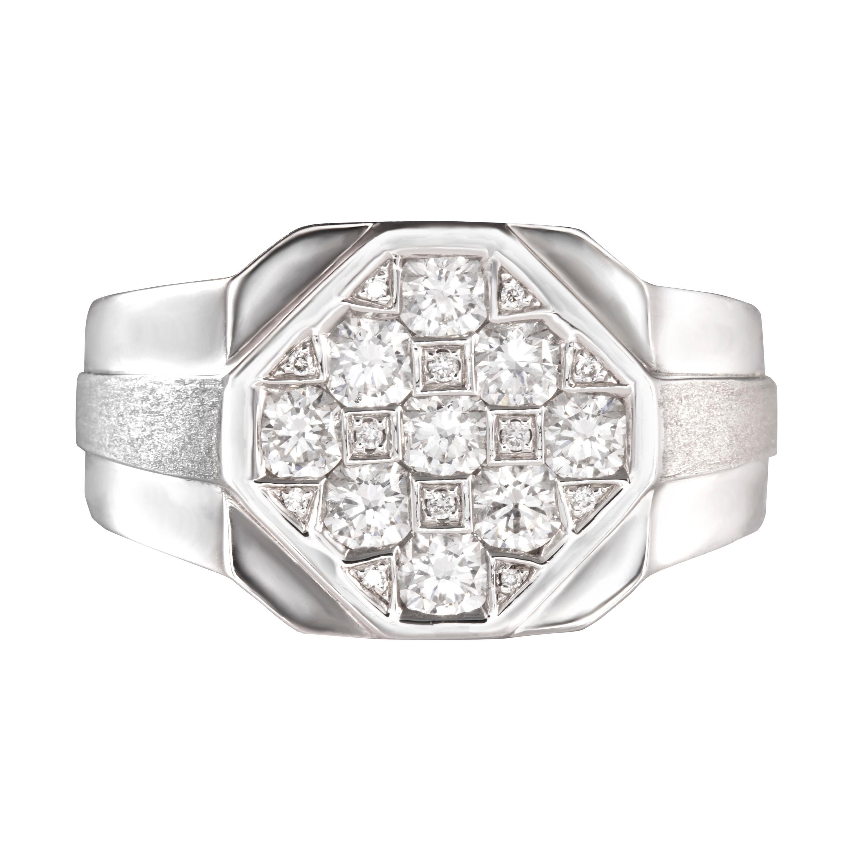 Encrusted with a stunning array of 1.24 carats of diamonds, Butani's ring is fashioned in a sleek geometric design and molded from 18-karat white gold.  Currently a ring size US 10.  For other sizes, please contact seller. 

Composition: 
18K White