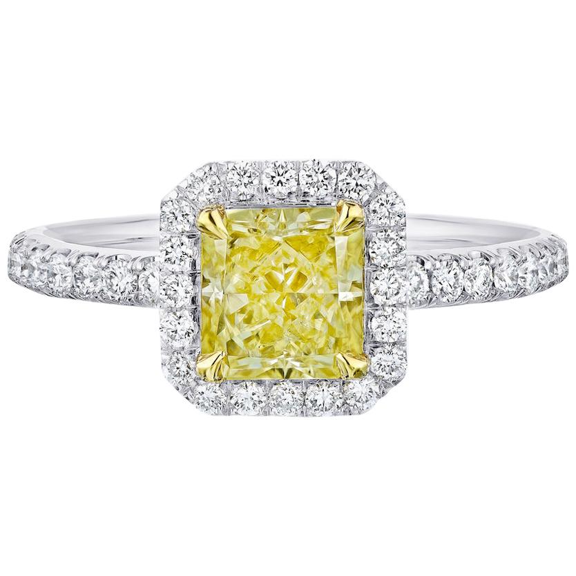 1.24 Carat Conflict Free Yellow Radiant GIA Certified Diamond Halo in 18 Karat For Sale