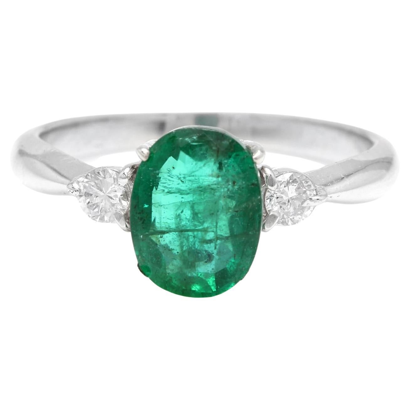 1.24 Carats Exquisite Emerald and Diamond 14K Solid White Gold Ring For Sale