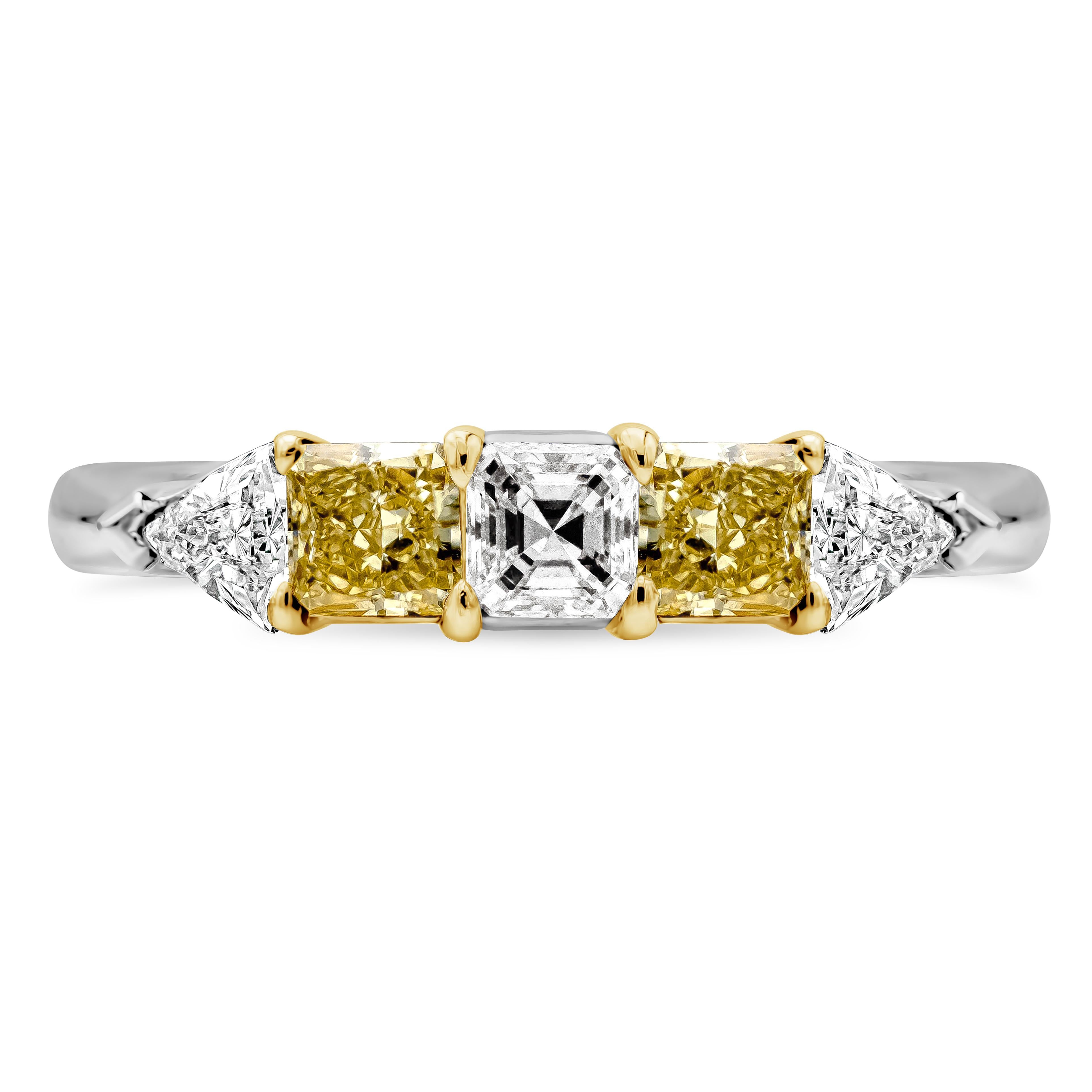 A fashionable piece of jewelry set with an asscher cut diamond center stone weighing 0.28 carats total. Center stone is flanked by two fancy yellow radiant cut diamonds weighing 0.67 carats total. Finished with trillion cut diamonds on each side
