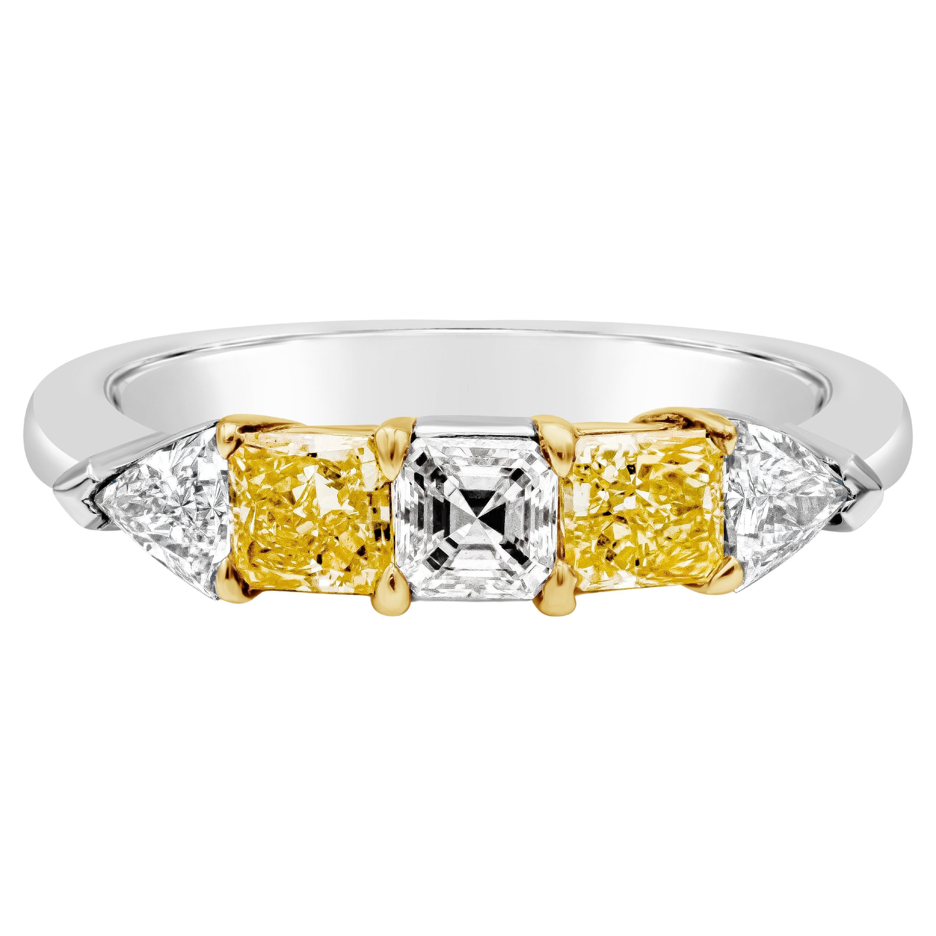 1.24 Carats Total Mixed Cut Yellow and White Diamonds Five Stone Wedding Band For Sale