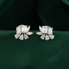 1.24 Ct Emerald Cut Pear Marquise Diamond Cluster Stud Earrings 18K White Gold