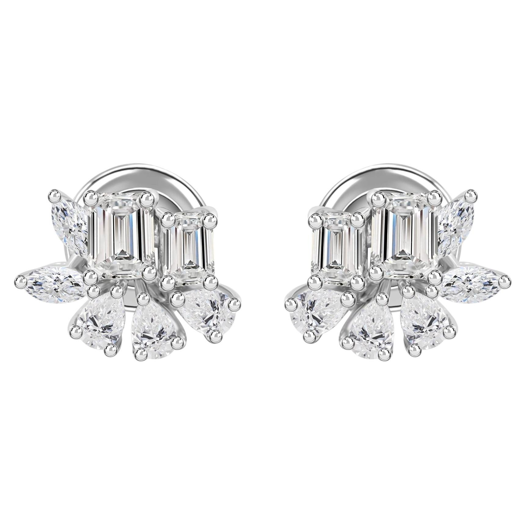 1.24 Ct Emerald Cut Pear Marquise Diamond Cluster Stud Earrings 18K White Gold