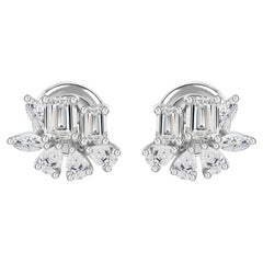 1.24 Ct Emerald Cut Pear Marquise Diamond Cluster Stud Earrings 18K White Gold