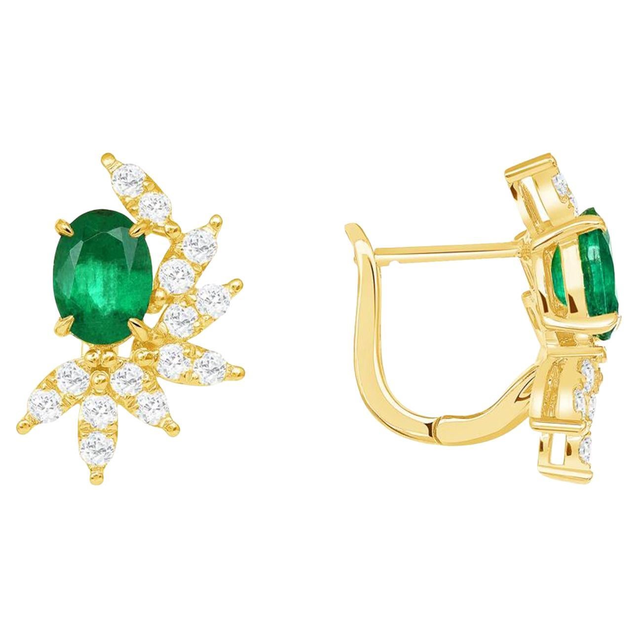 1.24 CT Natural Colombian Emerald 0.69 CT Diamonds 14K Yellow Gold Earrings For Sale
